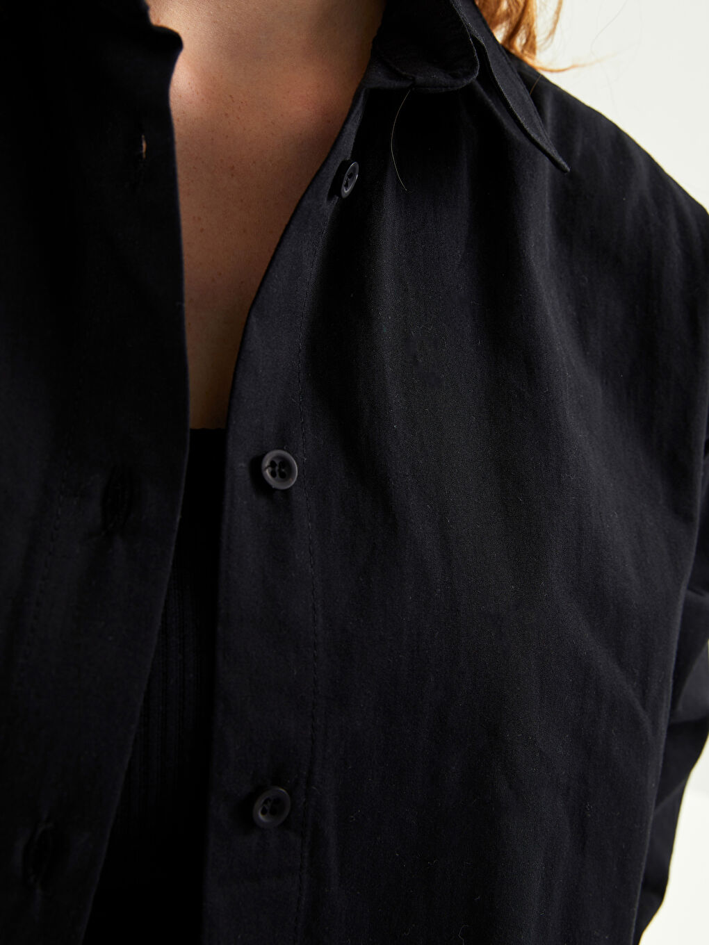 قميص نسائي بأزرار عادي كم طويل بوبلين-3