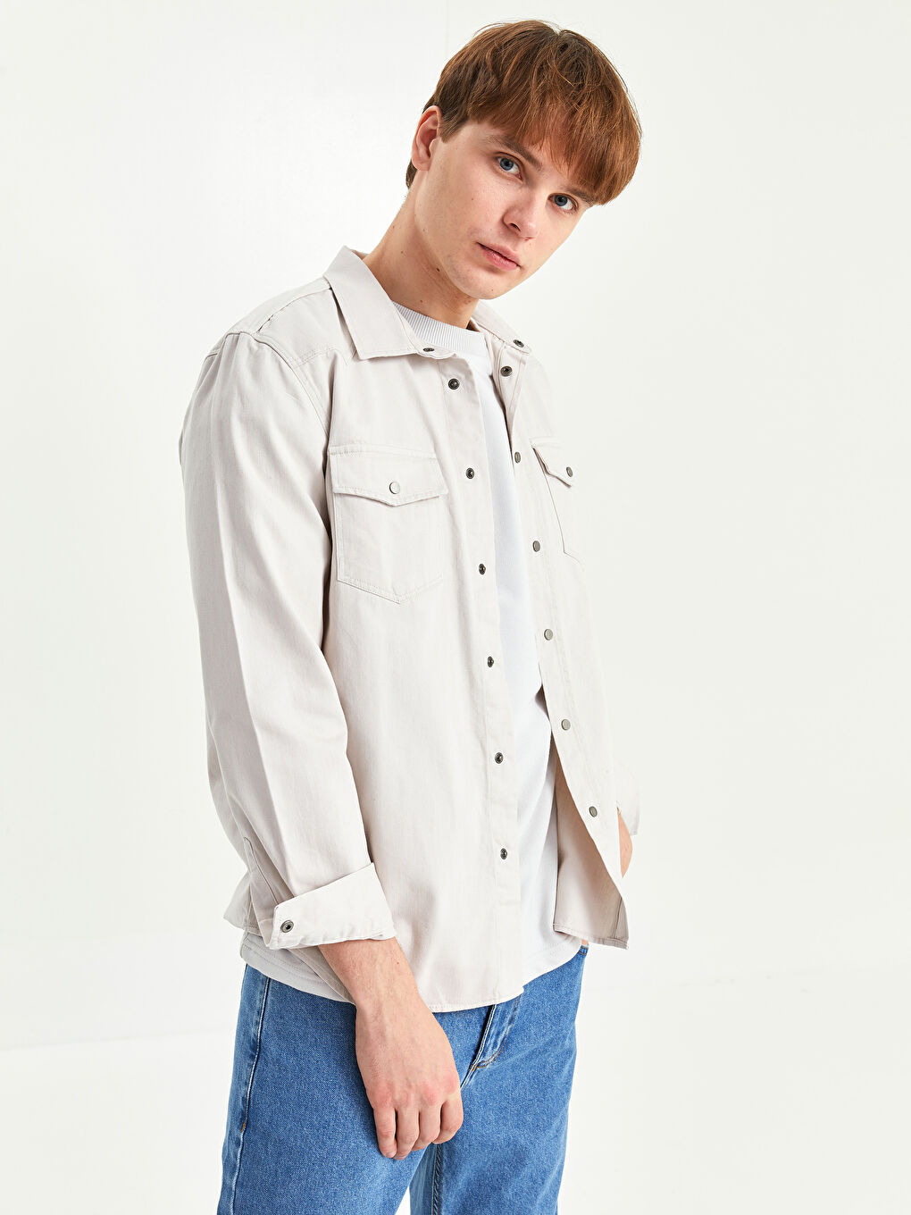 Bej Regular Fit Uzun Kollu Erkek Jean Gömlek-1