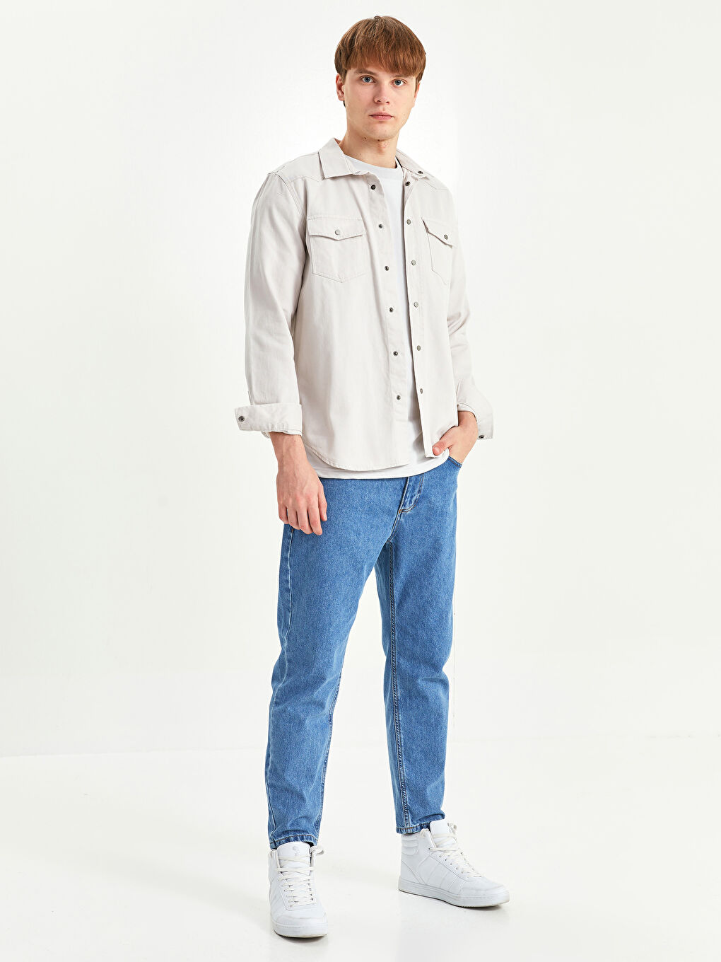 Bej Regular Fit Uzun Kollu Erkek Jean Gömlek-2