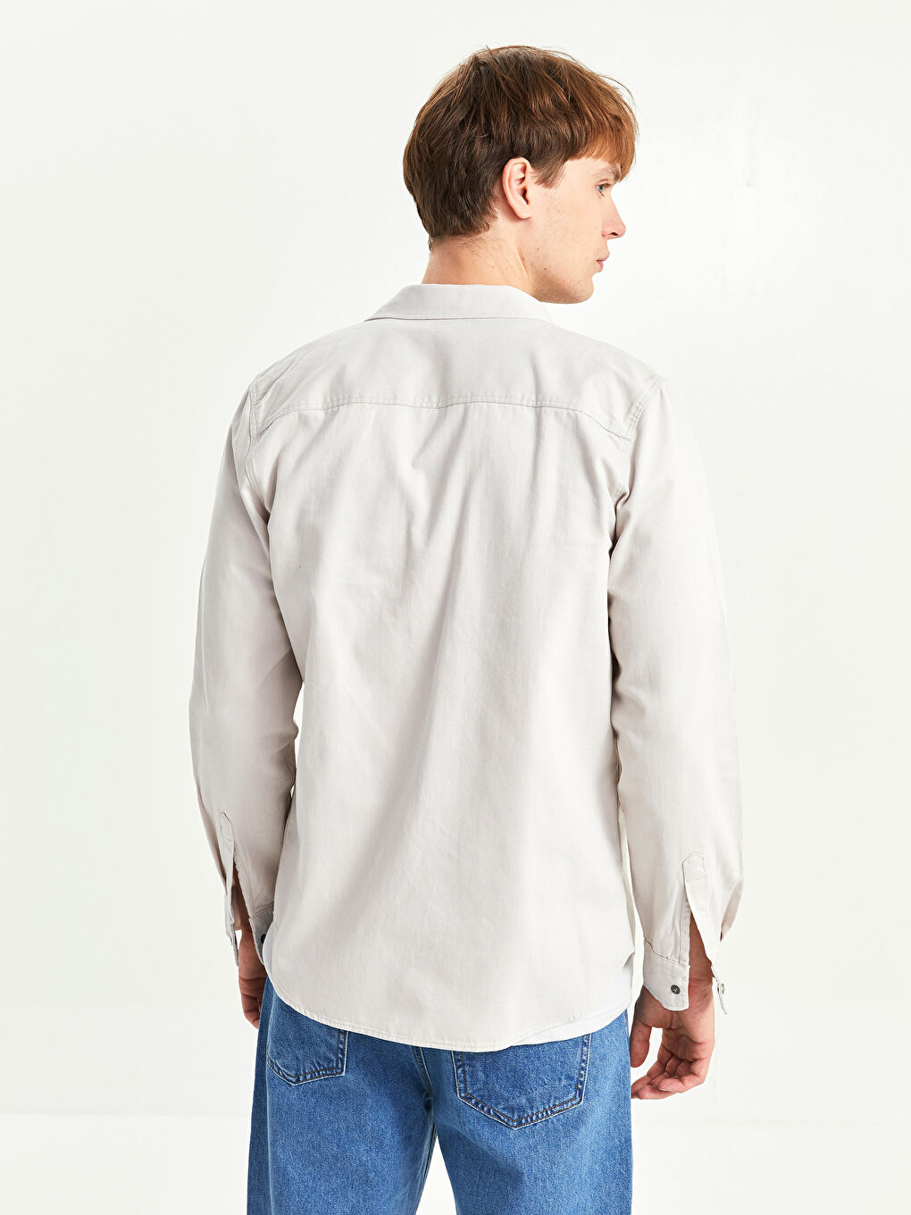 Bej Regular Fit Uzun Kollu Erkek Jean Gömlek-4