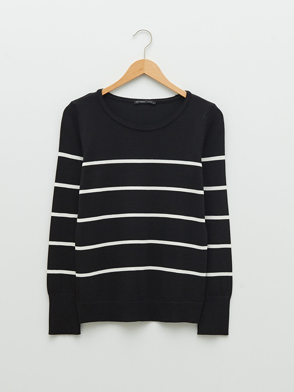 Siyah Bisiklet Yaka Çizgili Uzun Kollu Kadın Triko Kazak-5