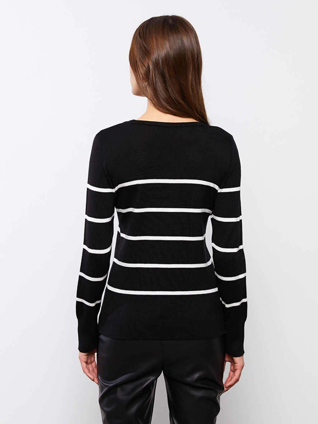 Siyah Bisiklet Yaka Çizgili Uzun Kollu Kadın Triko Kazak-4