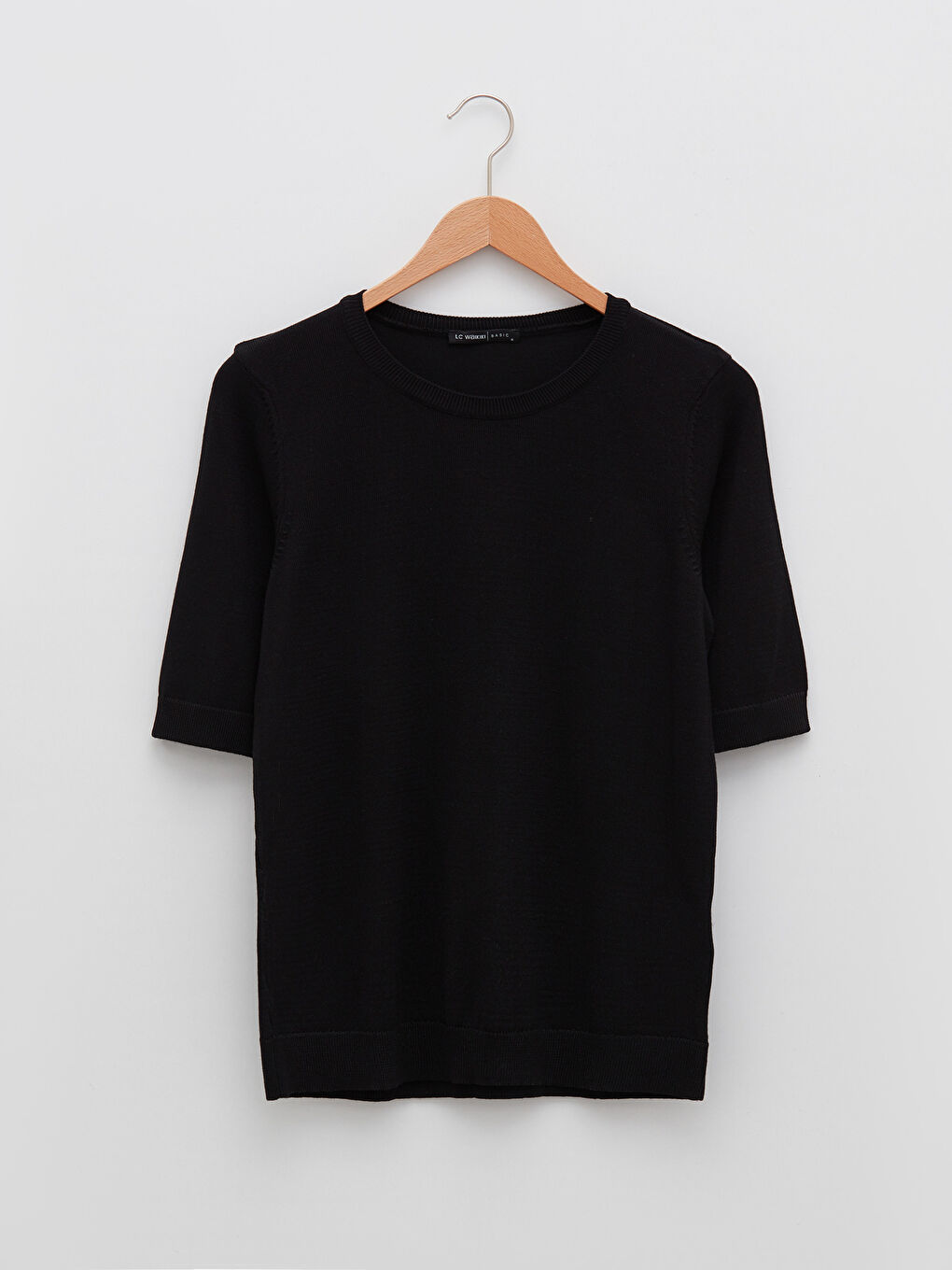 Siyah Bisiklet Yaka Düz Kısa Kollu Kadın Triko Kazak-5