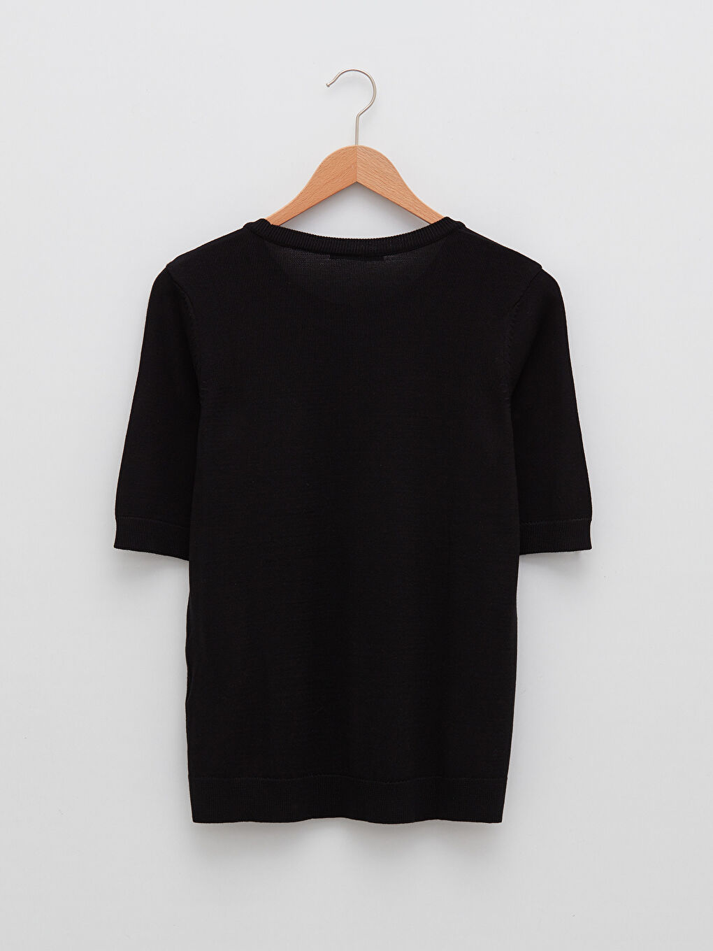 Siyah Bisiklet Yaka Düz Kısa Kollu Kadın Triko Kazak-6