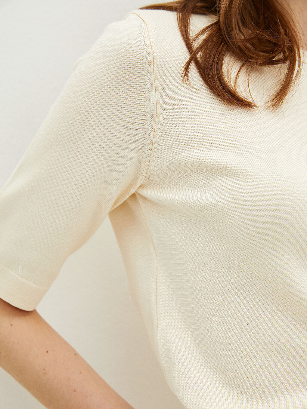 Ekru Bisiklet Yaka Düz Kısa Kollu Kadın Triko Kazak-4