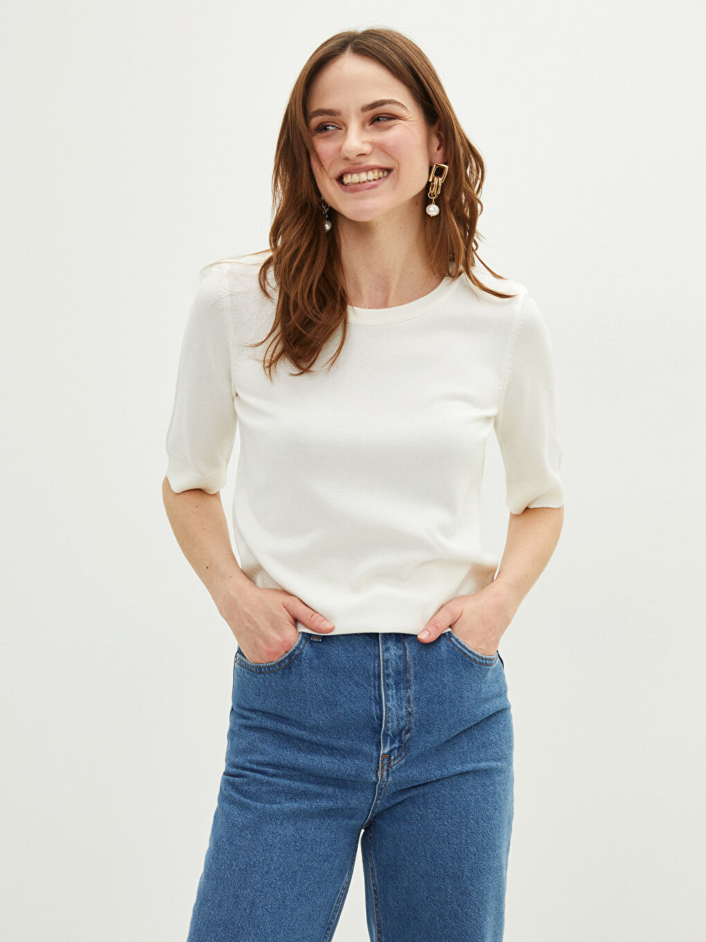 Ekru Bisiklet Yaka Düz Kısa Kollu Kadın Triko Kazak