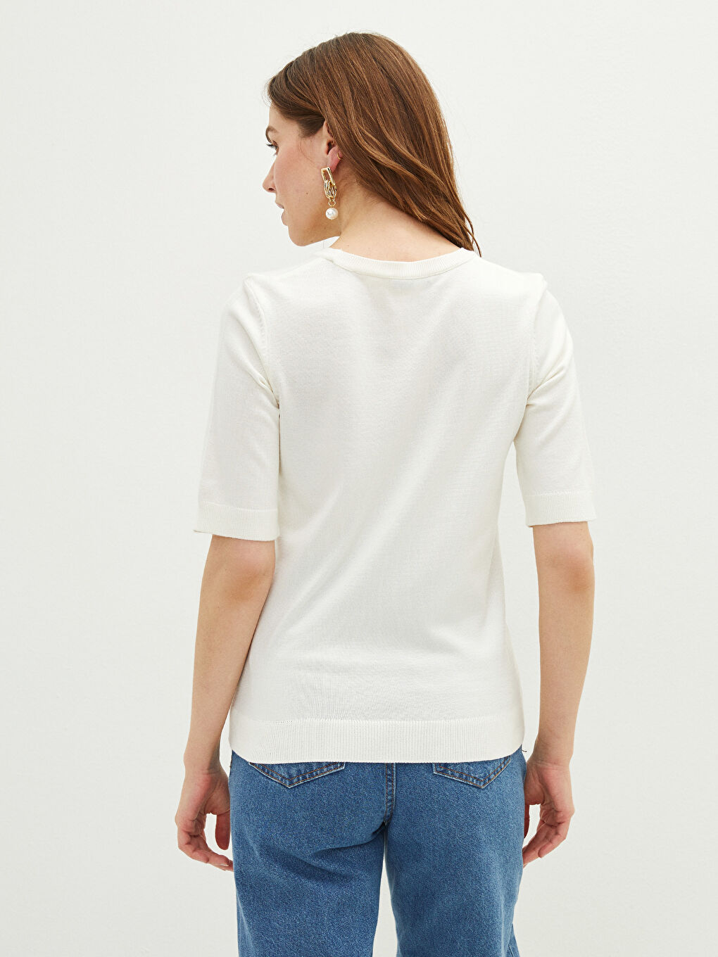 Ekru Bisiklet Yaka Düz Kısa Kollu Kadın Triko Kazak-4