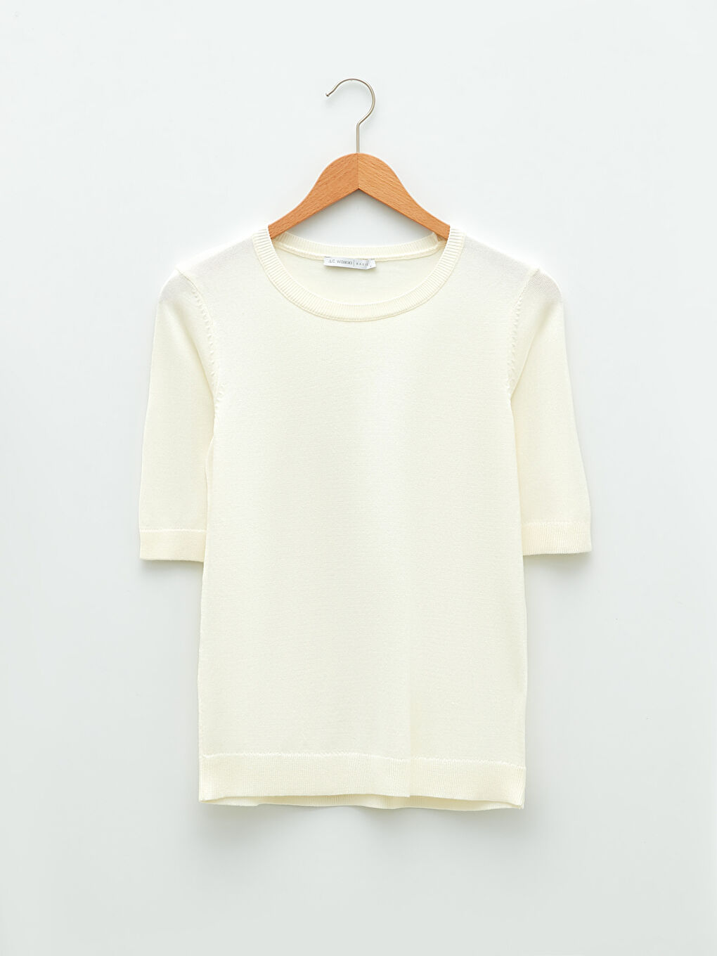 Ekru Bisiklet Yaka Düz Kısa Kollu Kadın Triko Kazak-5