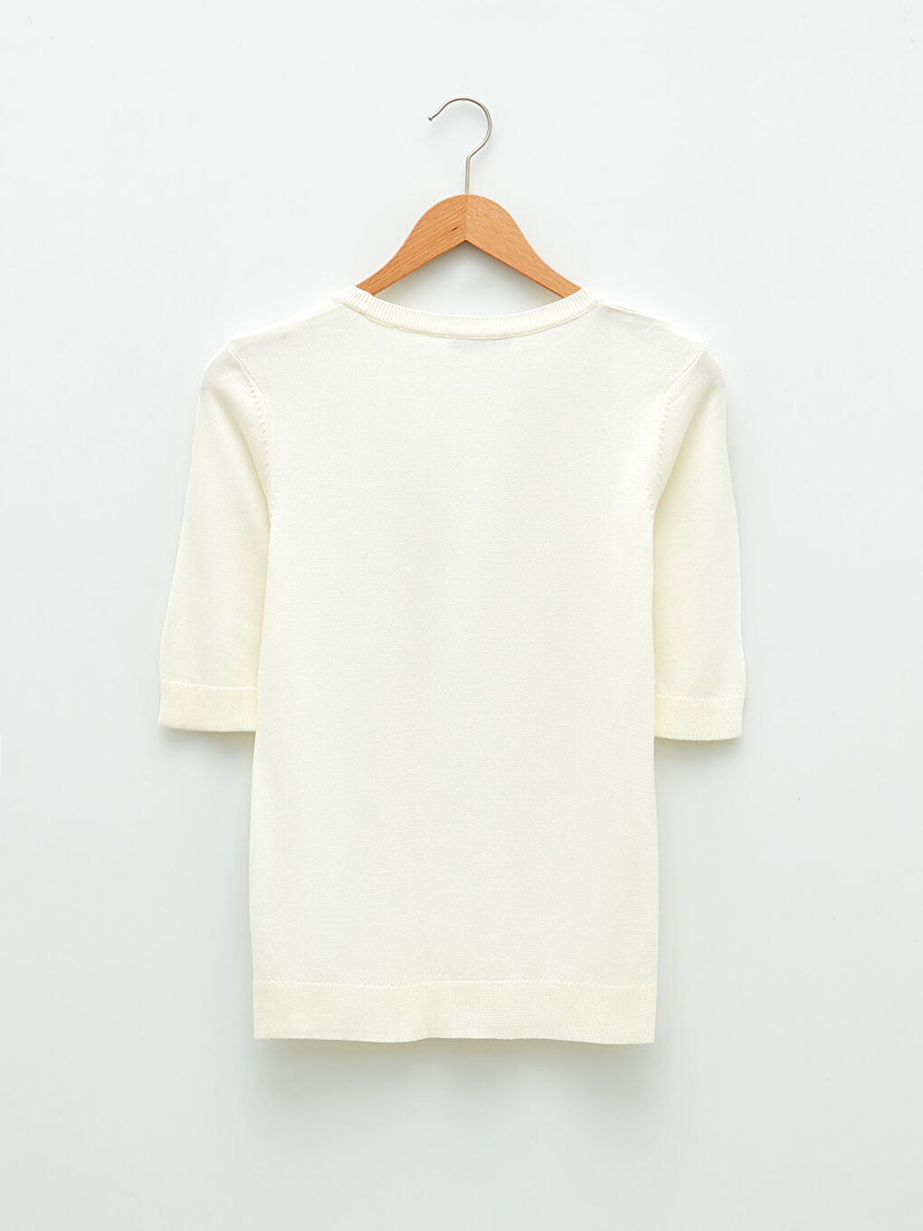 Ekru Bisiklet Yaka Düz Kısa Kollu Kadın Triko Kazak-6