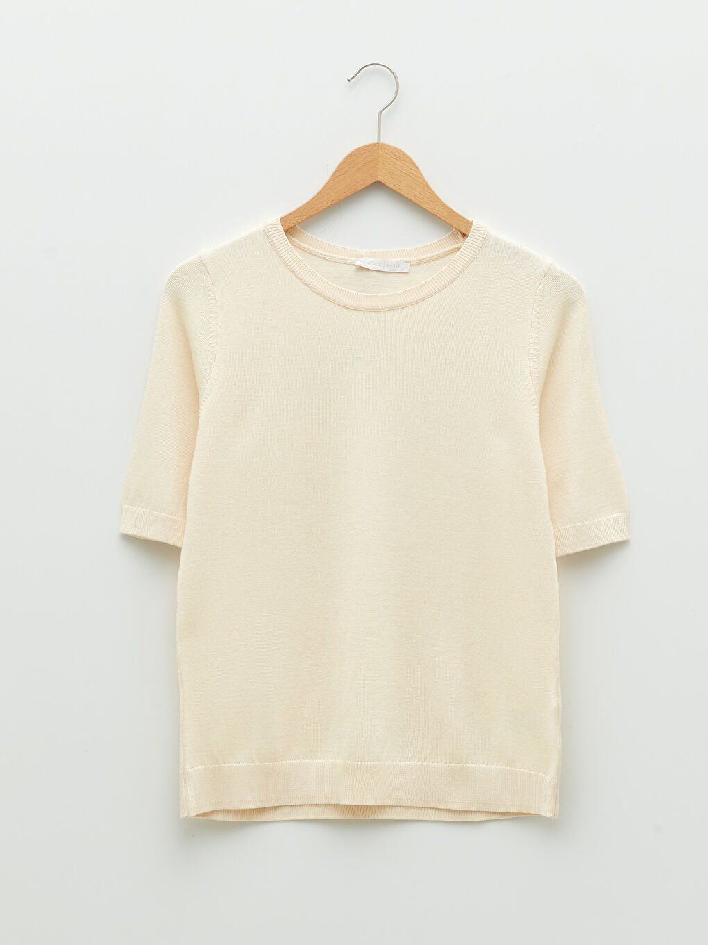 Ekru Bisiklet Yaka Düz Kısa Kollu Kadın Triko Kazak-6