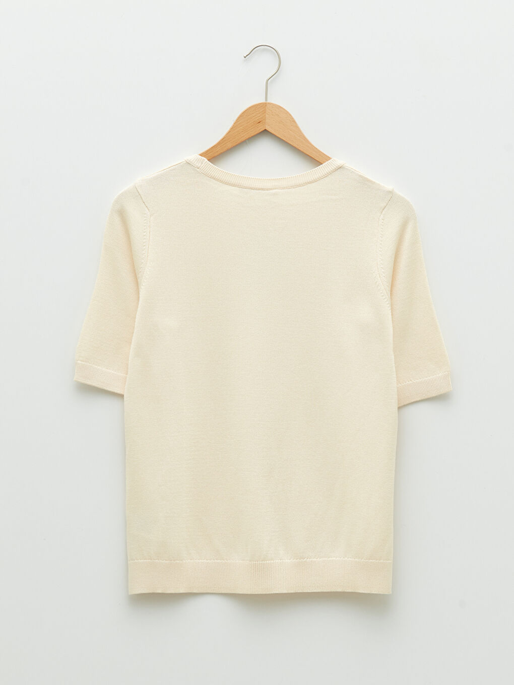 Ekru Bisiklet Yaka Düz Kısa Kollu Kadın Triko Kazak-7