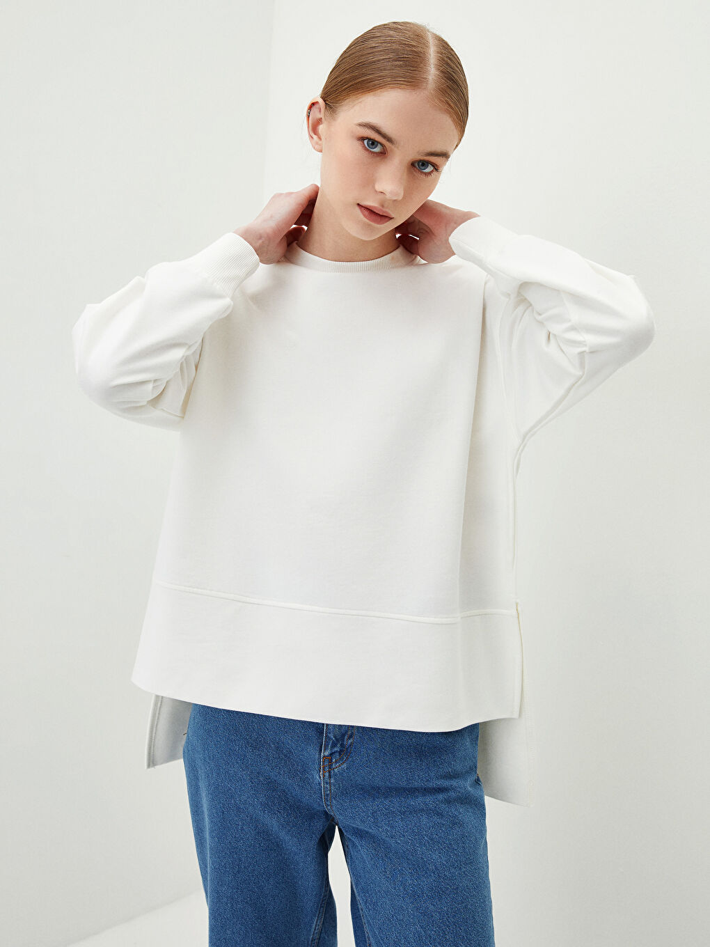 Ekru Bisiklet Yaka Düz Oversize Kadın Sweatshirt Tunik-1