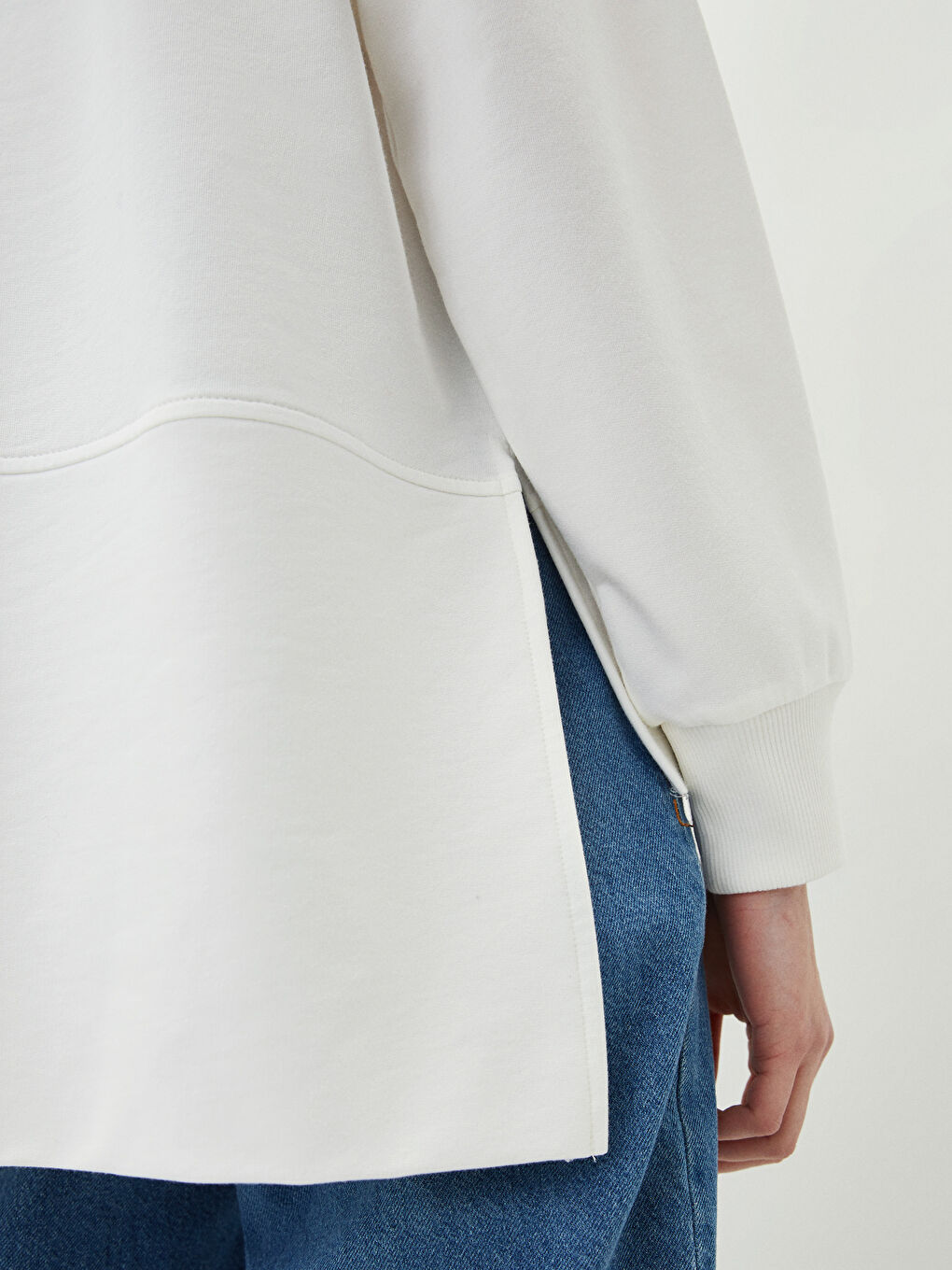 Ekru Bisiklet Yaka Düz Oversize Kadın Sweatshirt Tunik-5