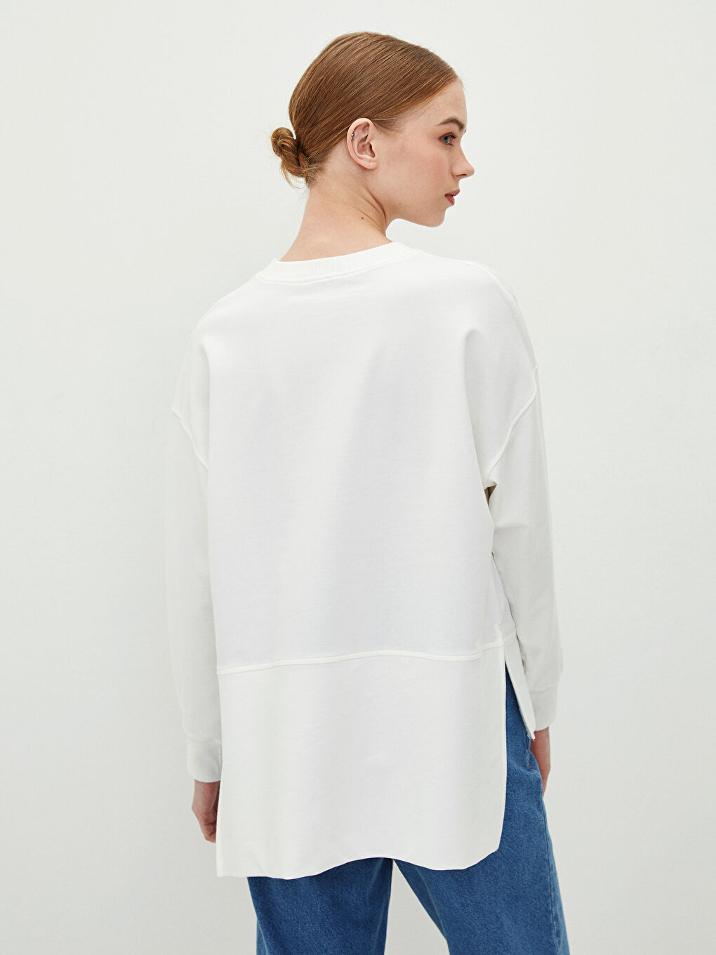 Ekru Bisiklet Yaka Düz Oversize Kadın Sweatshirt Tunik-7