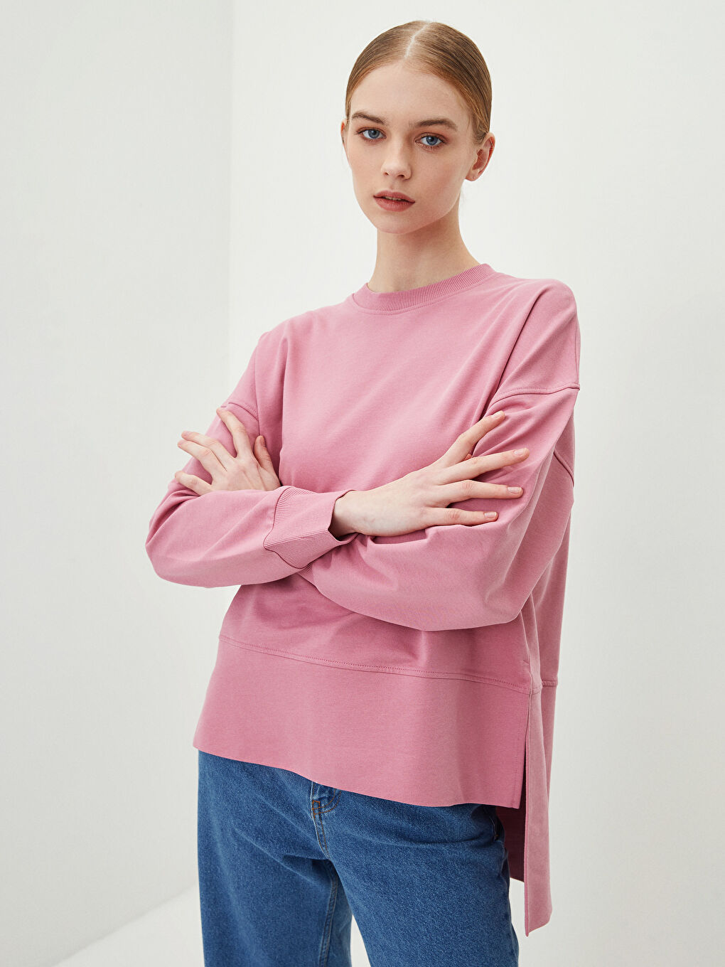 Pembe Bisiklet Yaka Düz Oversize Kadın Sweatshirt Tunik-1