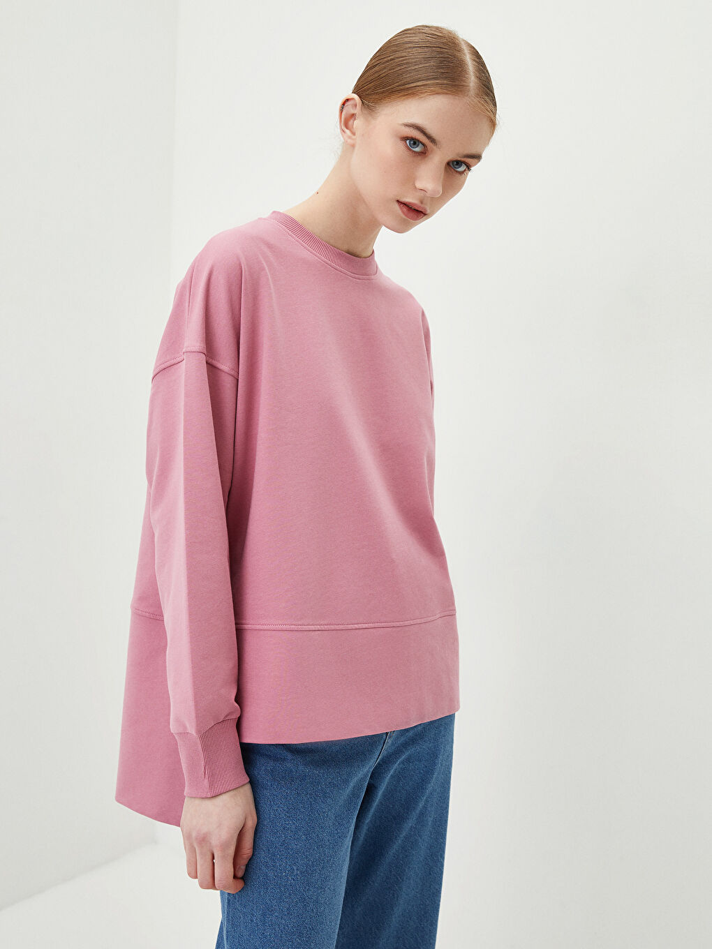 Pembe Bisiklet Yaka Düz Oversize Kadın Sweatshirt Tunik-3