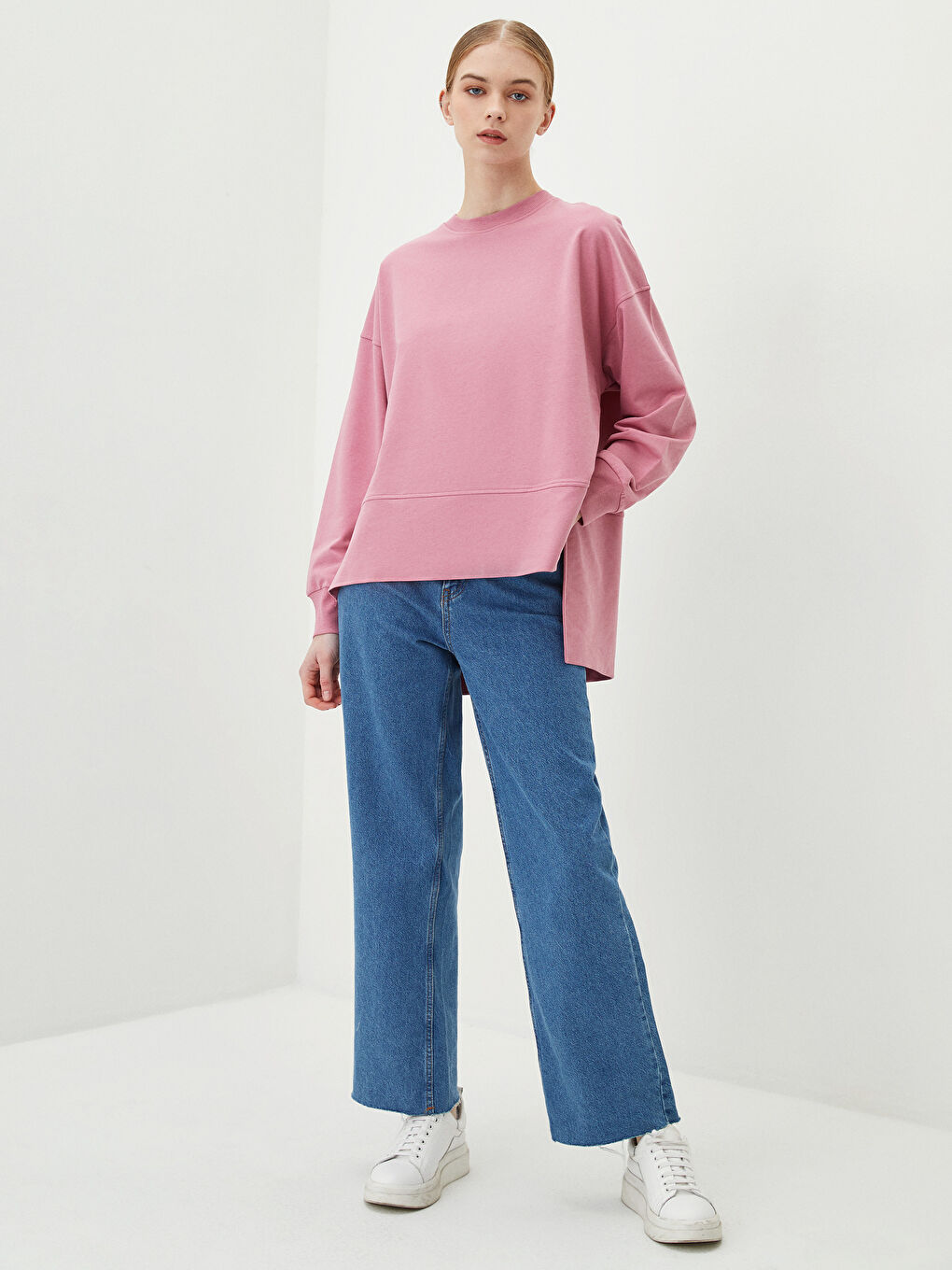 Pembe Bisiklet Yaka Düz Oversize Kadın Sweatshirt Tunik-5