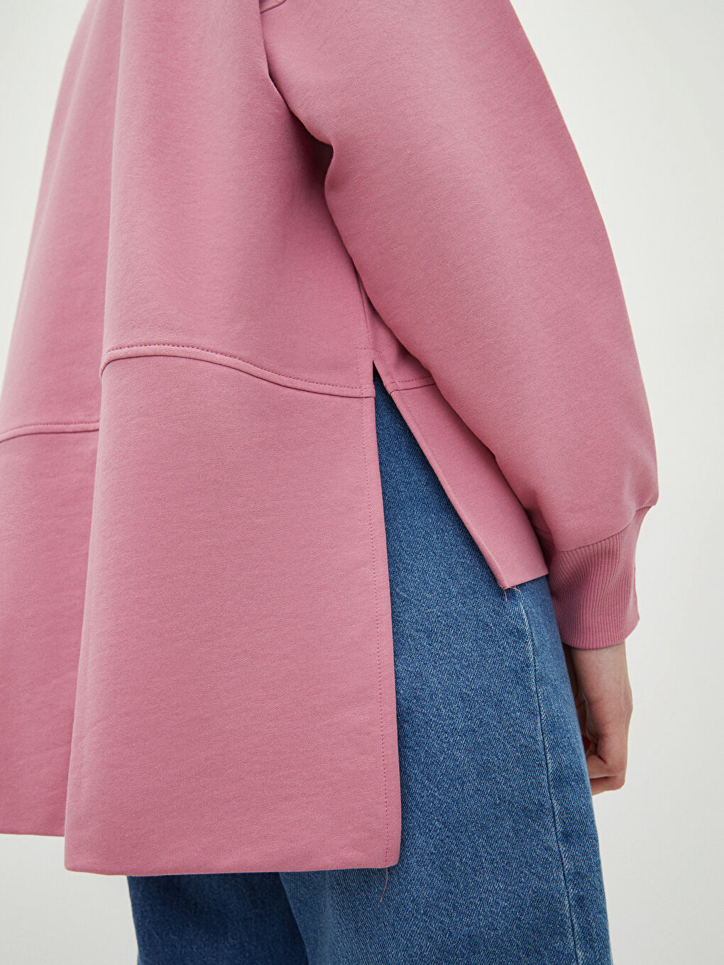 Pembe Bisiklet Yaka Düz Oversize Kadın Sweatshirt Tunik-7