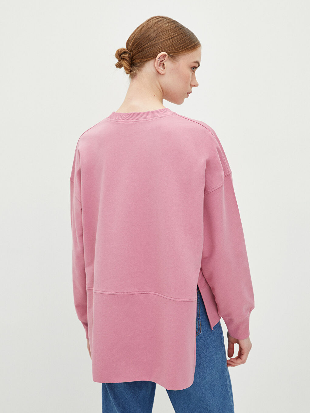 Pembe Bisiklet Yaka Düz Oversize Kadın Sweatshirt Tunik-8