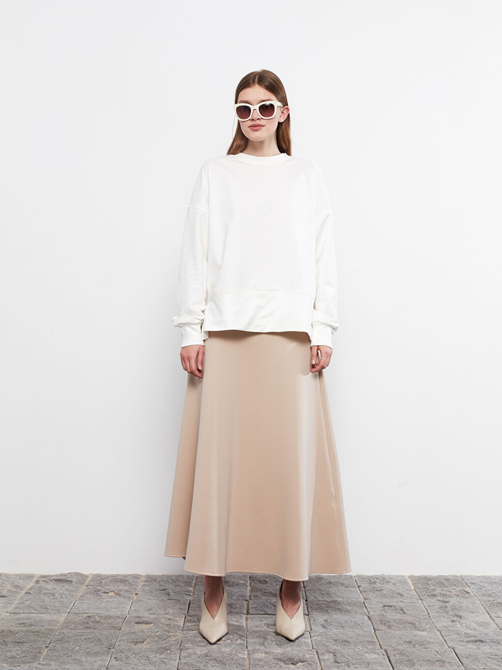 Ekru Bisiklet Yaka Düz Oversize Kadın Sweatshirt Tunik-4