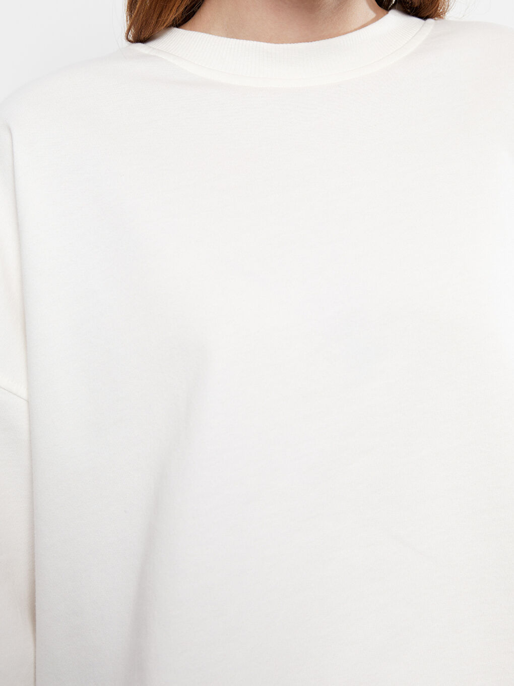 Ekru Bisiklet Yaka Düz Oversize Kadın Sweatshirt Tunik-6