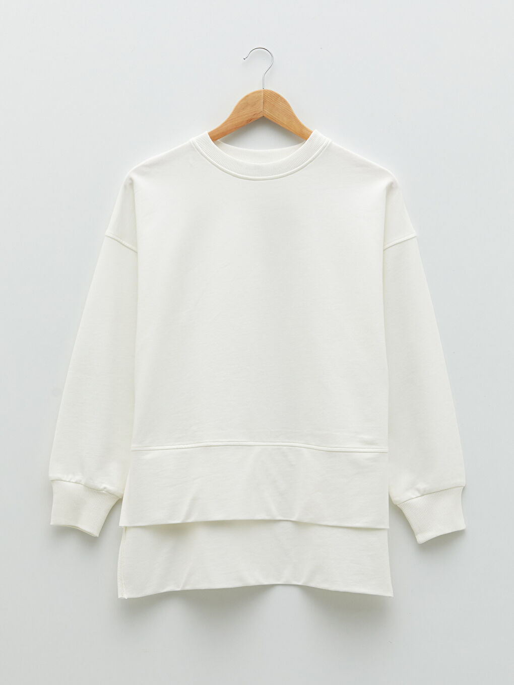 Ekru Bisiklet Yaka Düz Oversize Kadın Sweatshirt Tunik-9