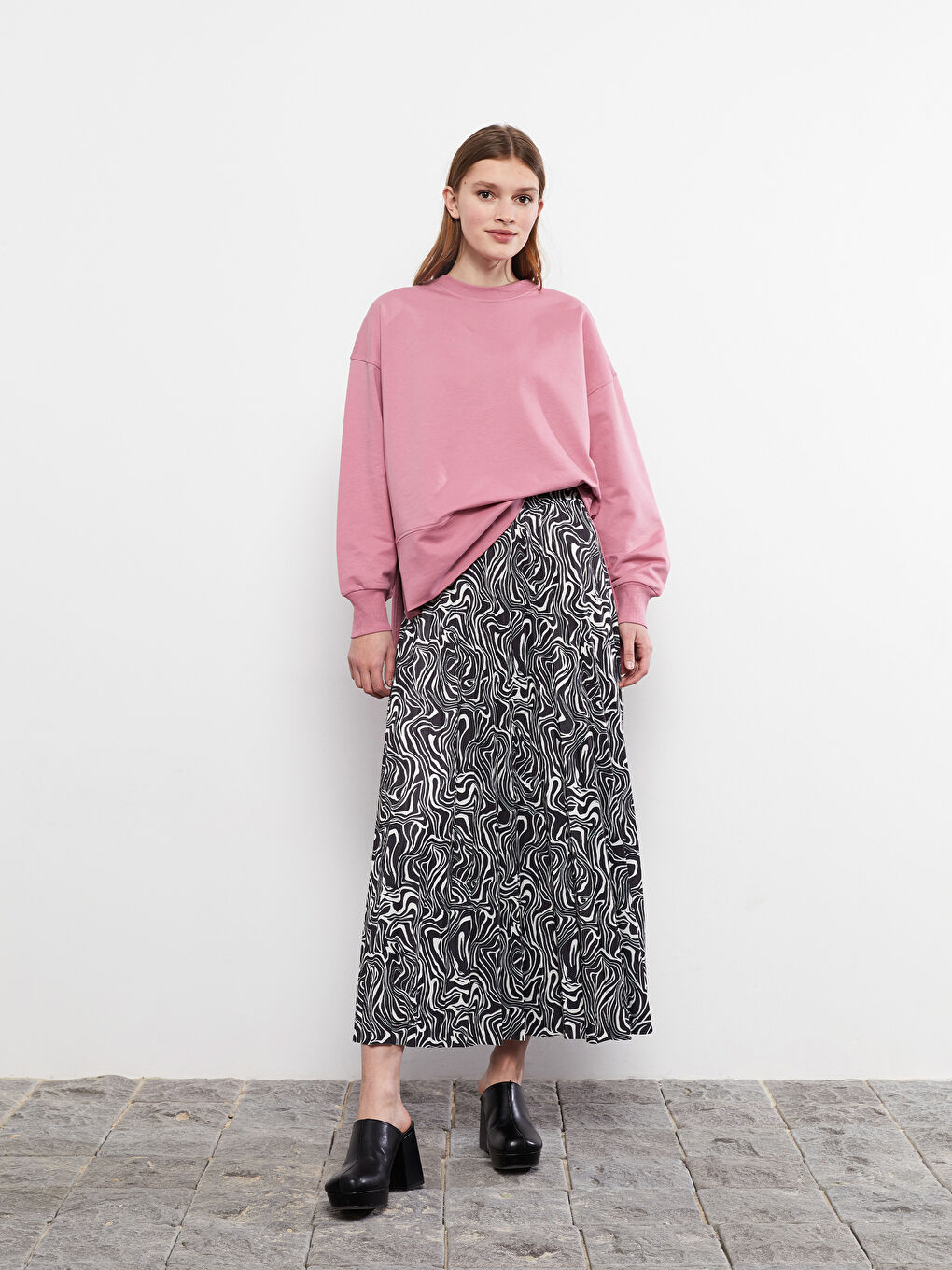 Pembe Bisiklet Yaka Düz Oversize Kadın Sweatshirt Tunik