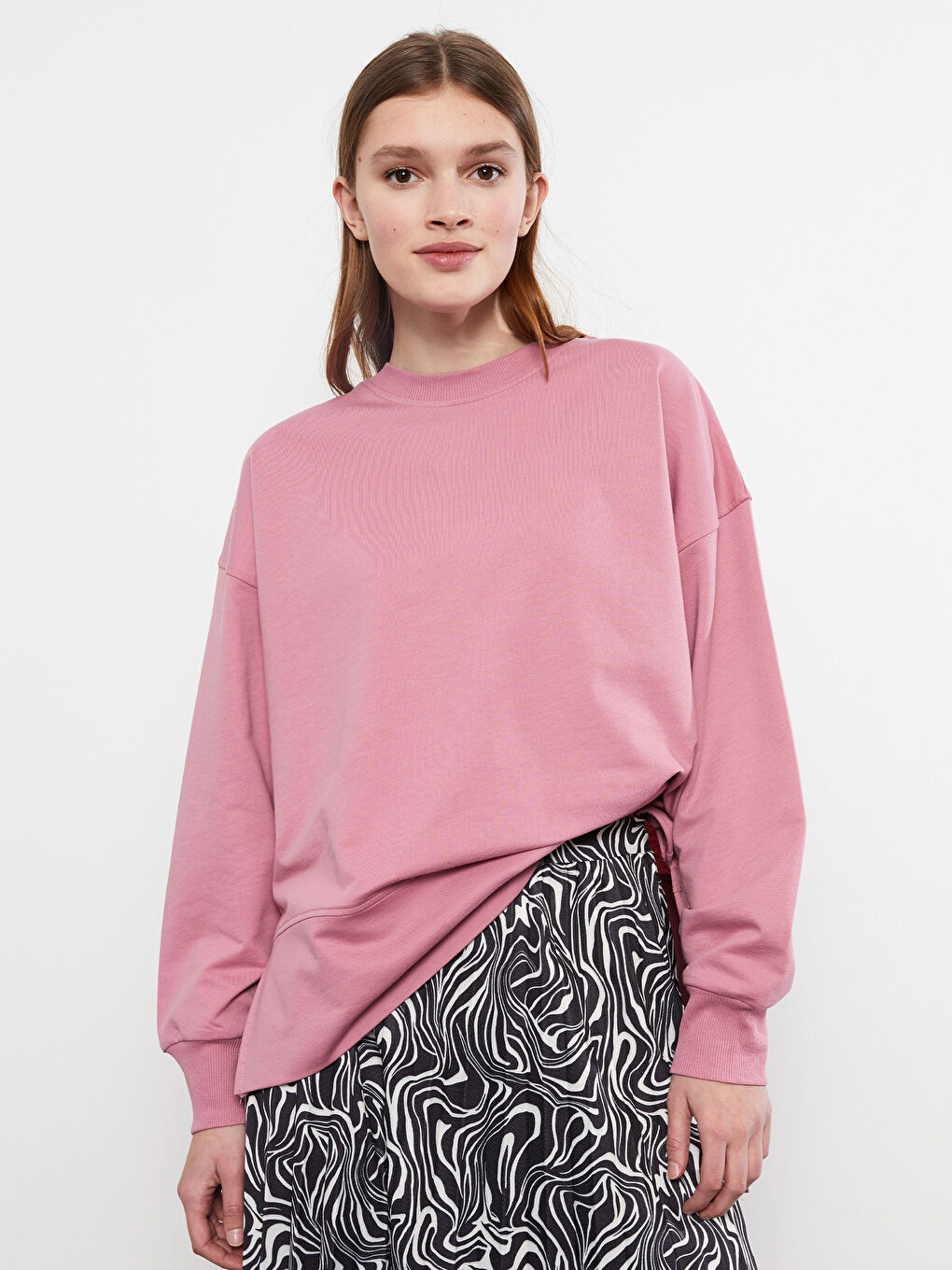 Pembe Bisiklet Yaka Düz Oversize Kadın Sweatshirt Tunik-2