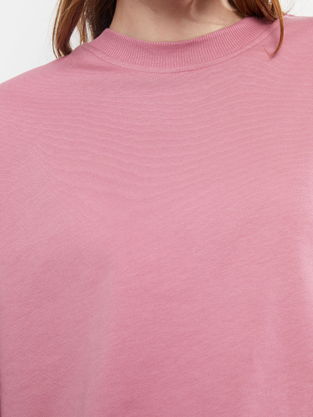 Pembe Bisiklet Yaka Düz Oversize Kadın Sweatshirt Tunik-4