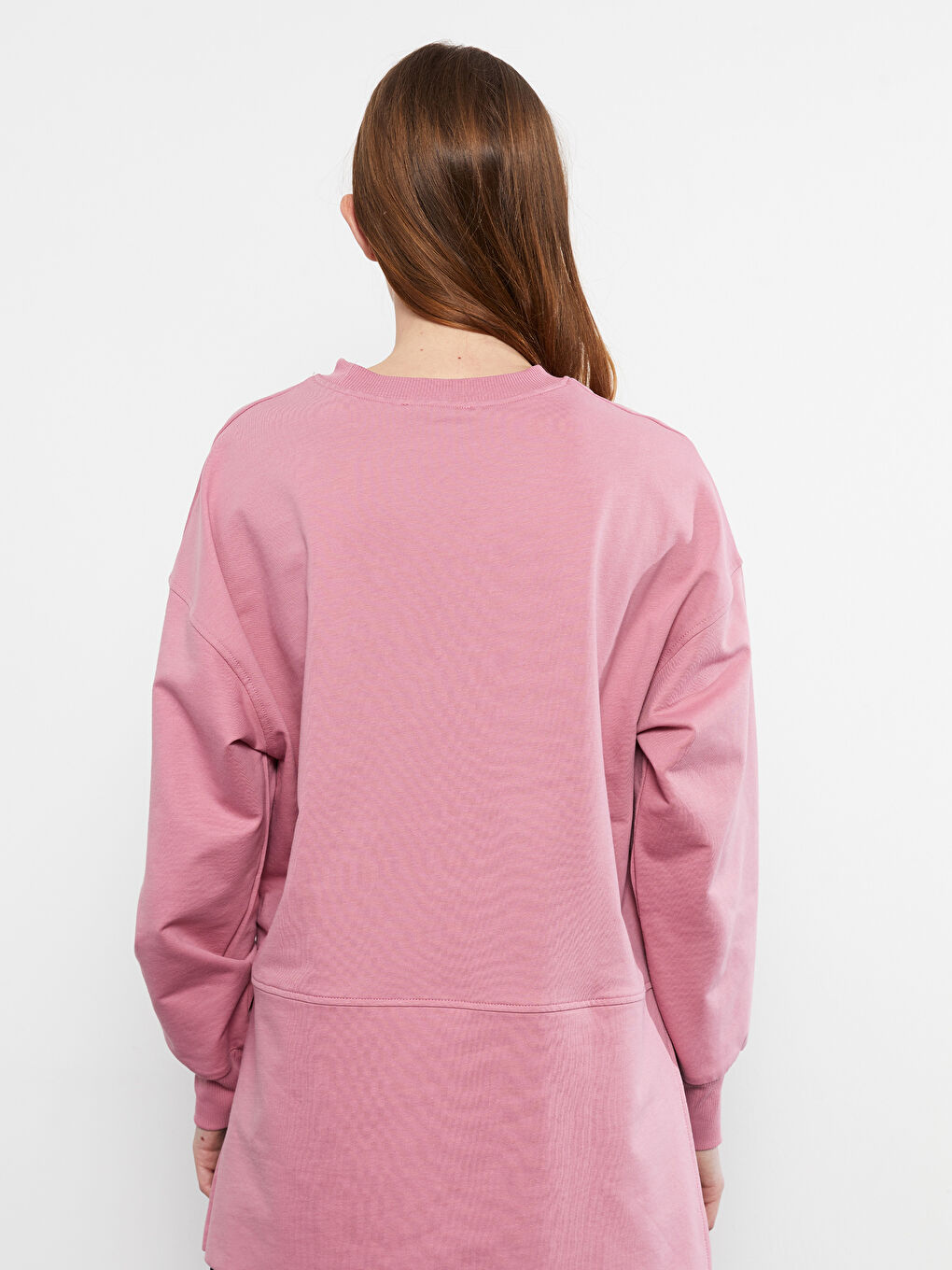 Pembe Bisiklet Yaka Düz Oversize Kadın Sweatshirt Tunik-6
