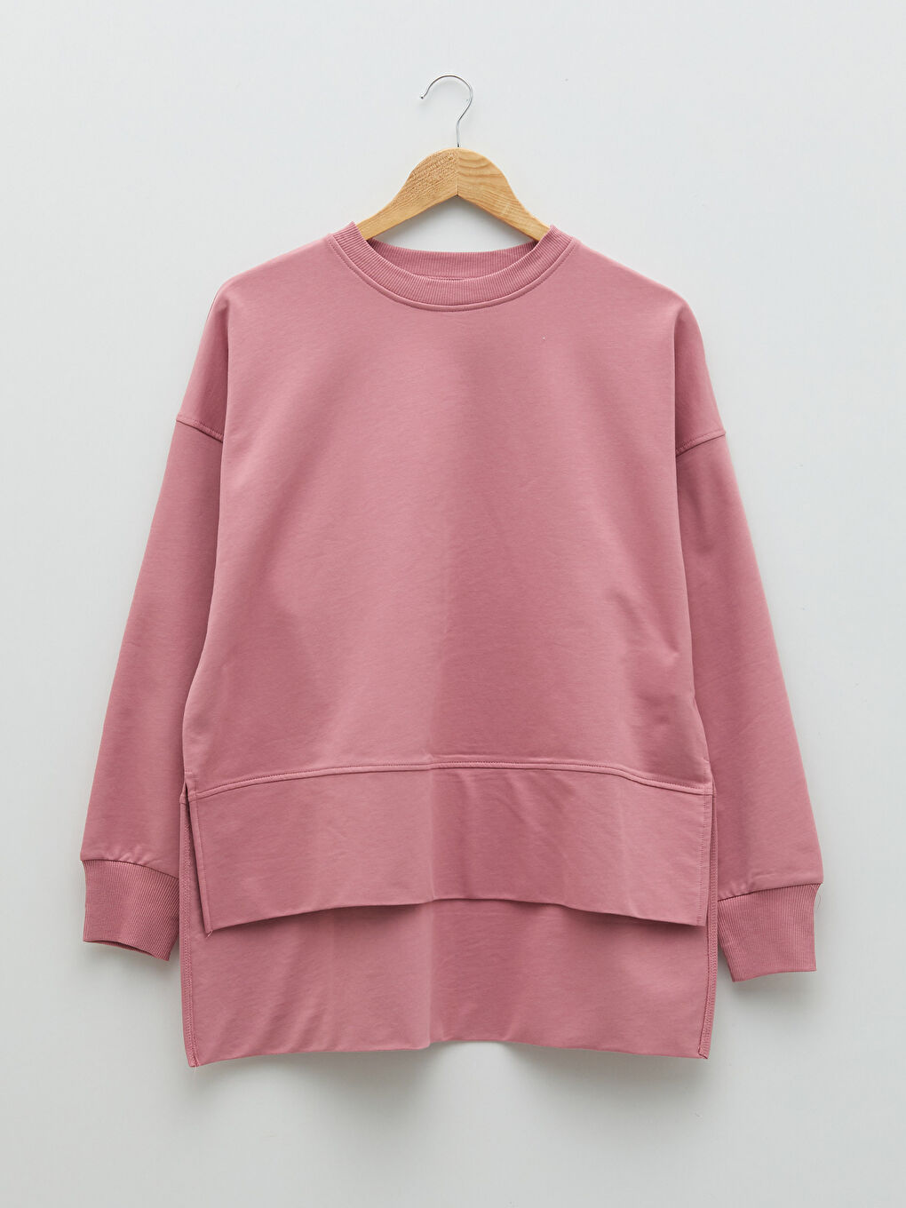 Pembe Bisiklet Yaka Düz Oversize Kadın Sweatshirt Tunik-9