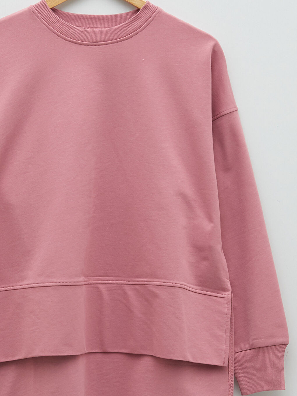 Pembe Bisiklet Yaka Düz Oversize Kadın Sweatshirt Tunik-11