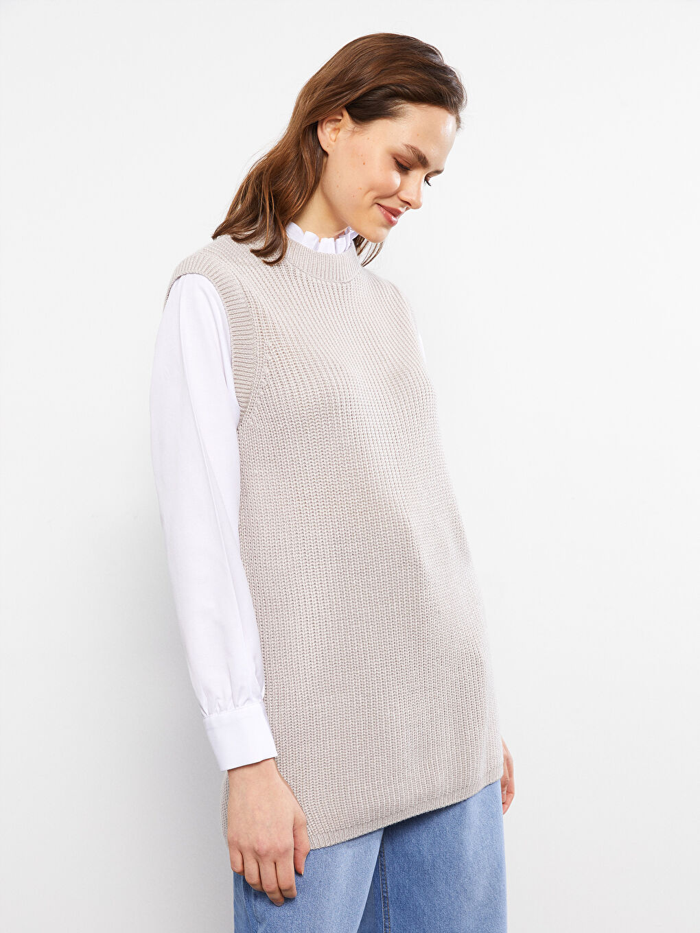 Gri Fırfırlı Dik Yaka Düz Uzun Kollu Kadın Triko Tunik