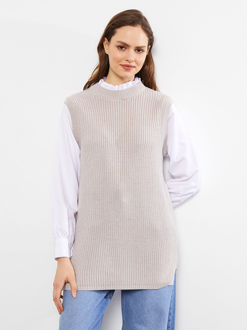 Gri Fırfırlı Dik Yaka Düz Uzun Kollu Kadın Triko Tunik-1