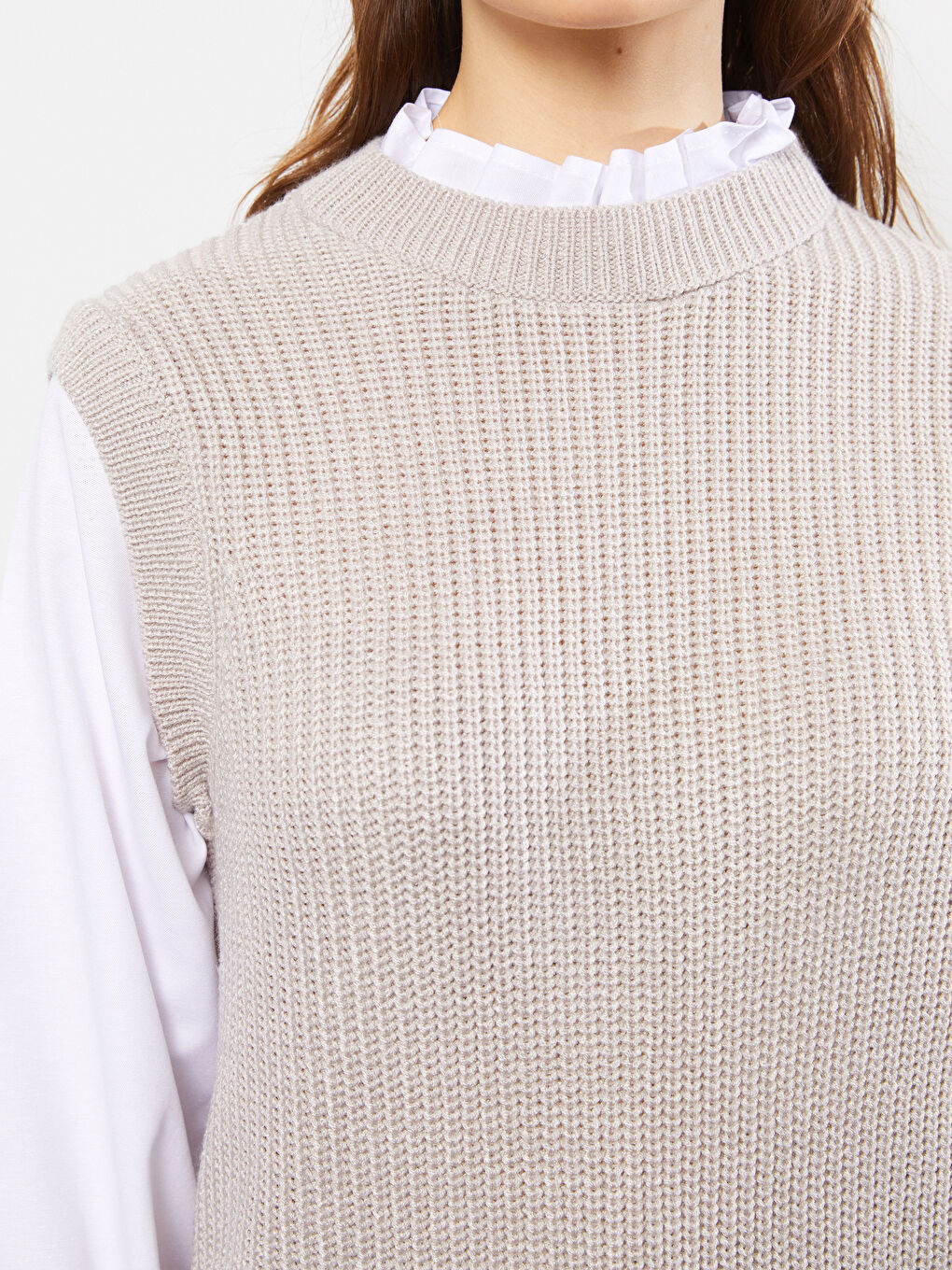 Gri Fırfırlı Dik Yaka Düz Uzun Kollu Kadın Triko Tunik-4