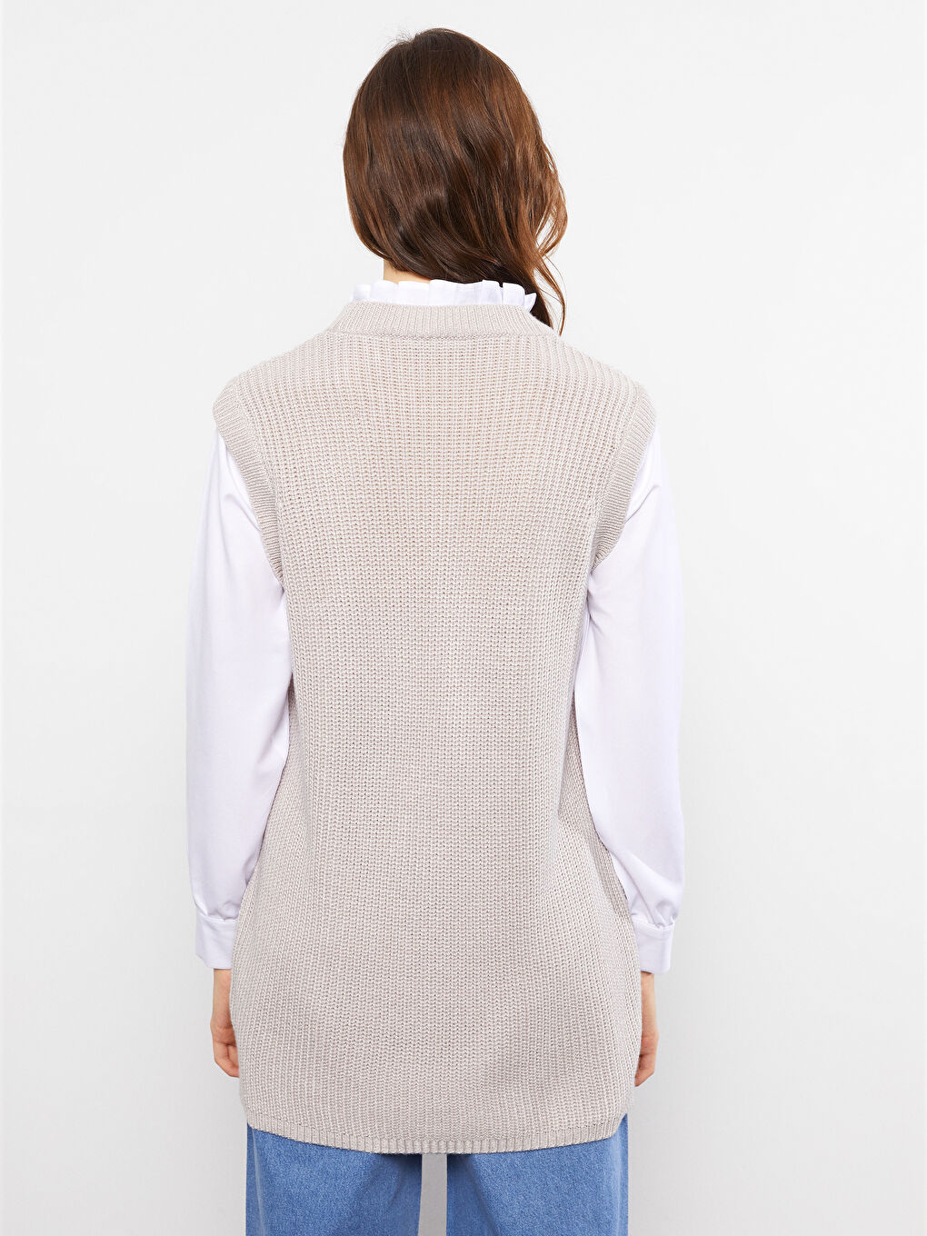 Gri Fırfırlı Dik Yaka Düz Uzun Kollu Kadın Triko Tunik-5