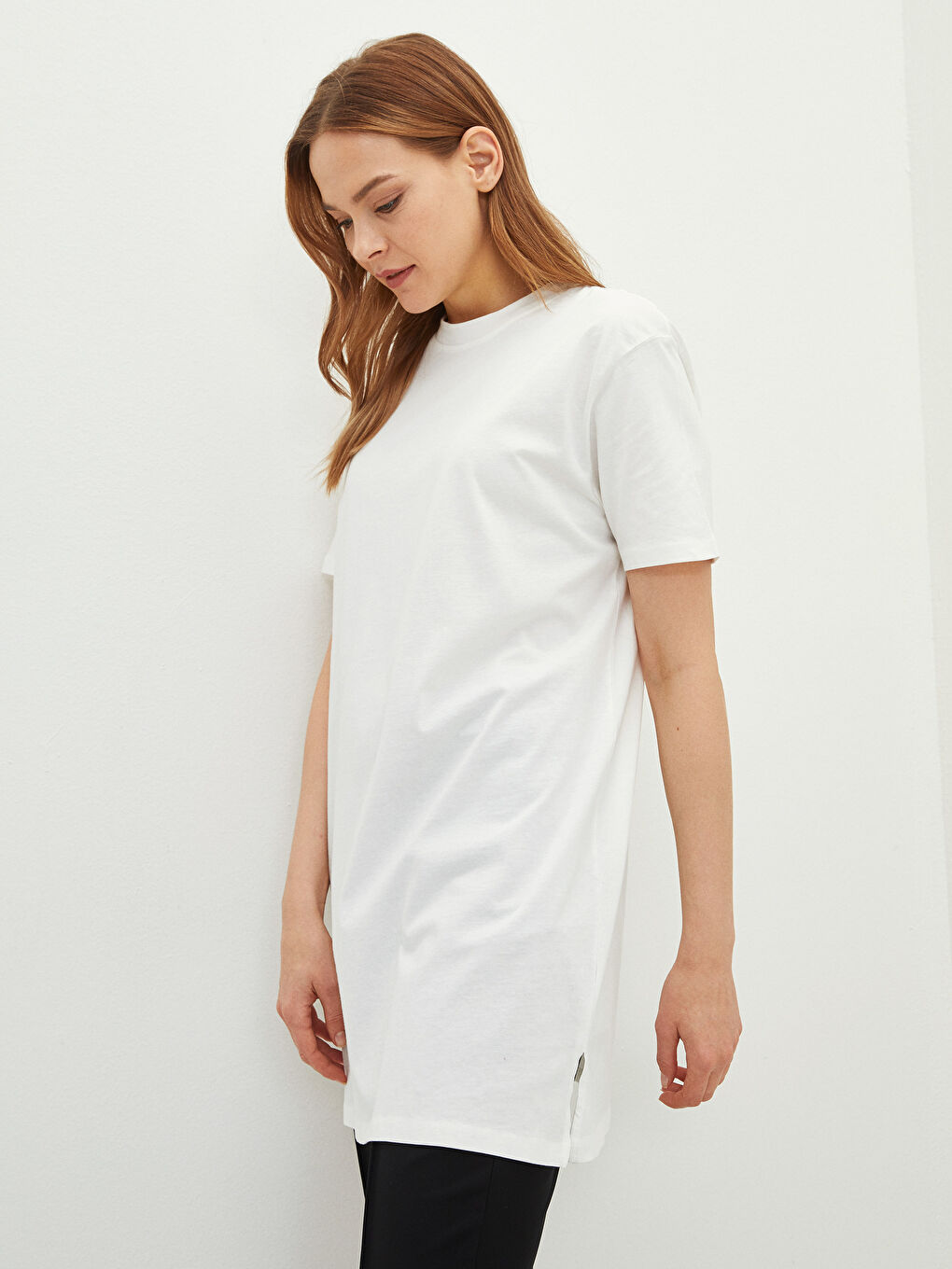 Ekru Bisiklet Yaka Düz Kısa Kollu Oversize Pamuklu Kadın Tunik-1