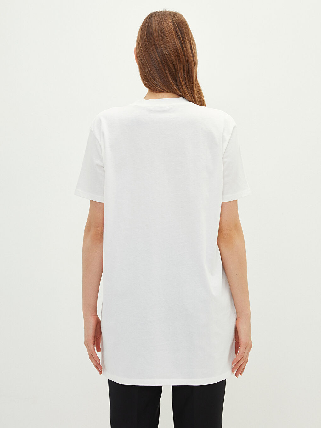 Ekru Bisiklet Yaka Düz Kısa Kollu Oversize Pamuklu Kadın Tunik-4