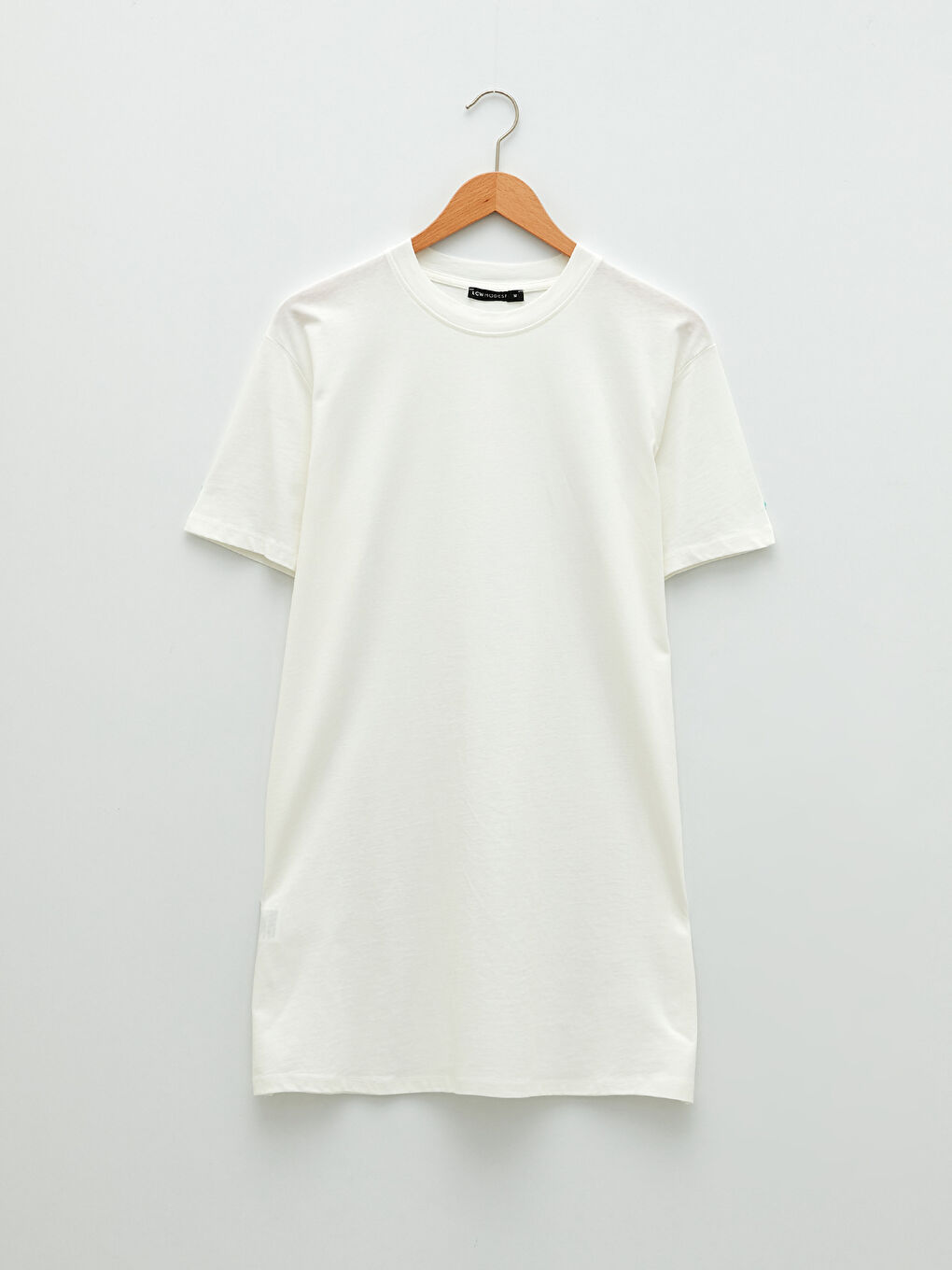 Ekru Bisiklet Yaka Düz Kısa Kollu Oversize Pamuklu Kadın Tunik-5