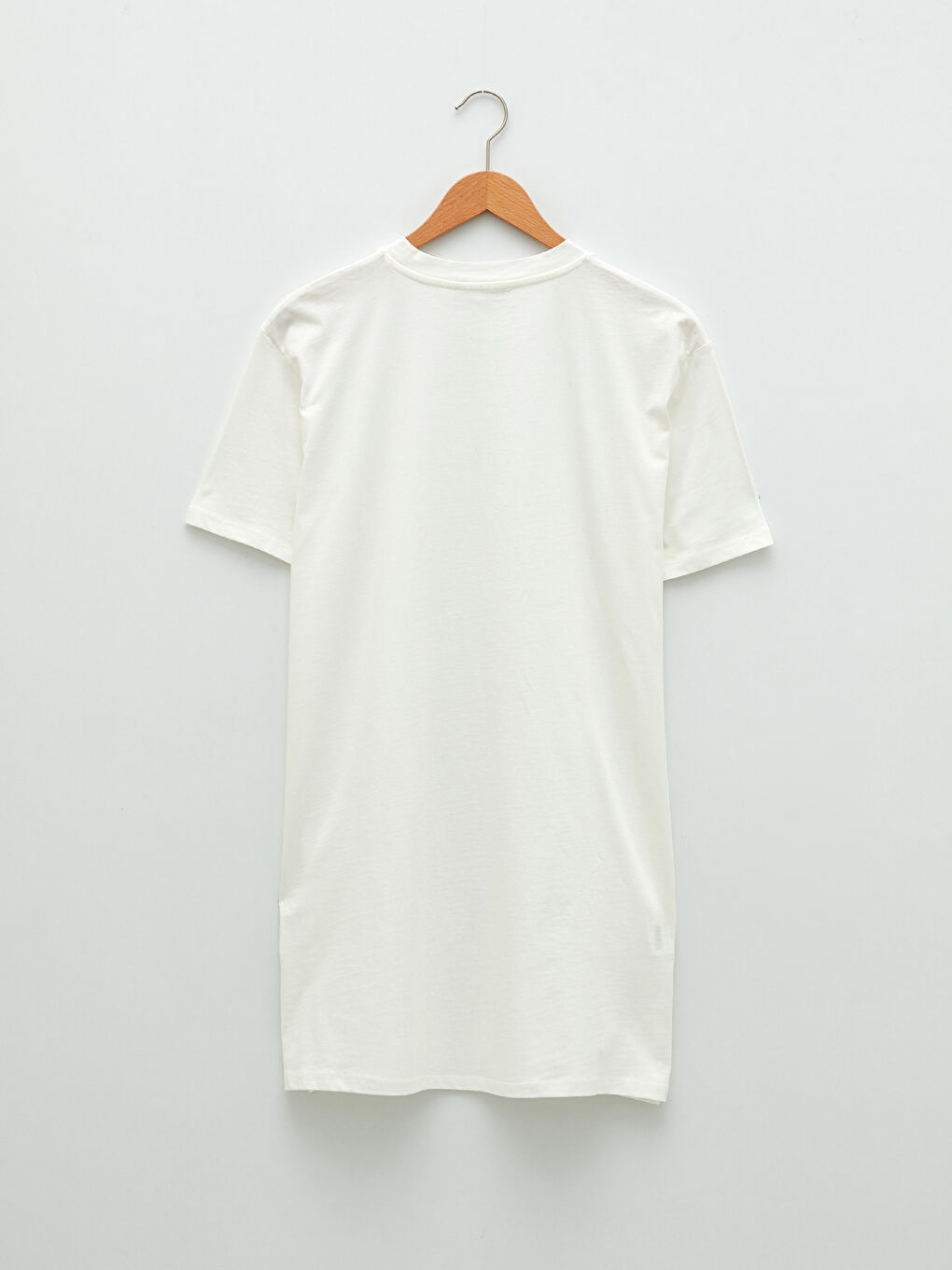 Ekru Bisiklet Yaka Düz Kısa Kollu Oversize Pamuklu Kadın Tunik-6