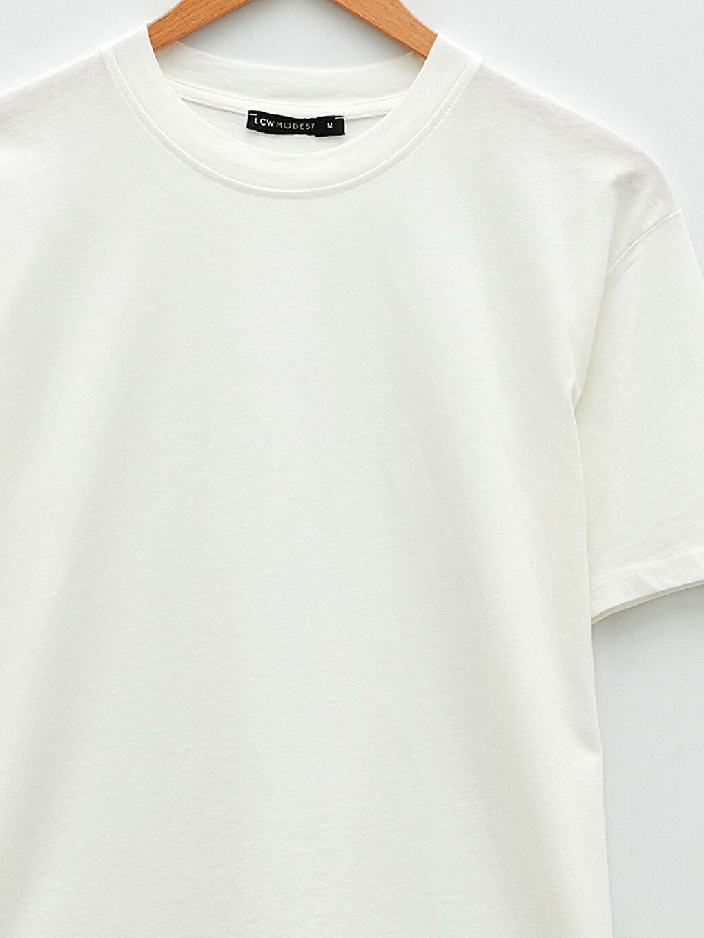 Ekru Bisiklet Yaka Düz Kısa Kollu Oversize Pamuklu Kadın Tunik-7