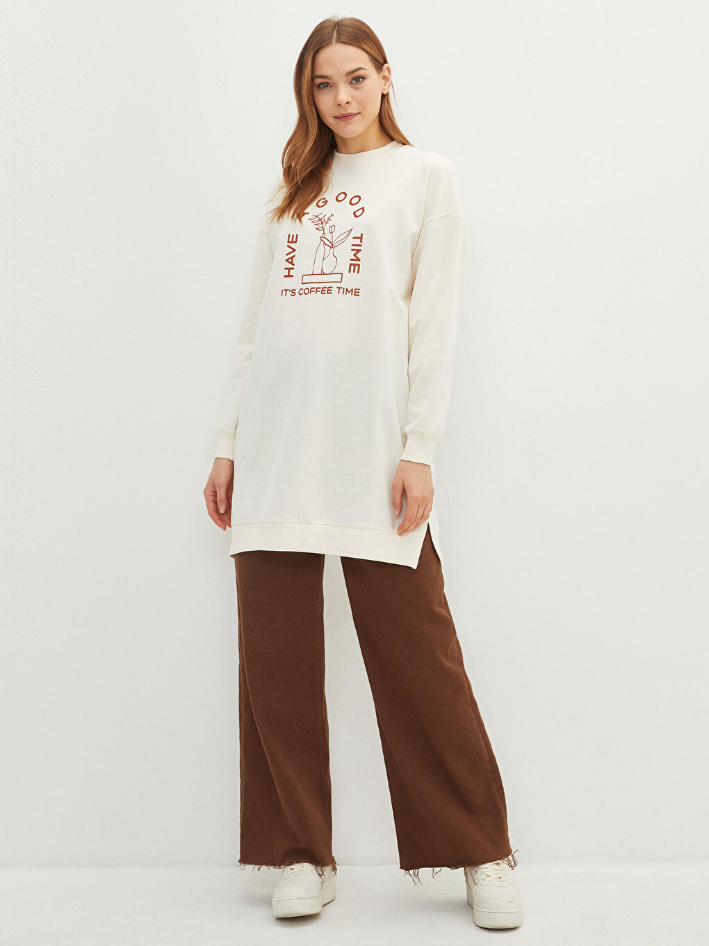 Ekru Bisiklet Yaka Baskılı Uzun Kollu Oversize Kadın Sweatshirt Tunik-2