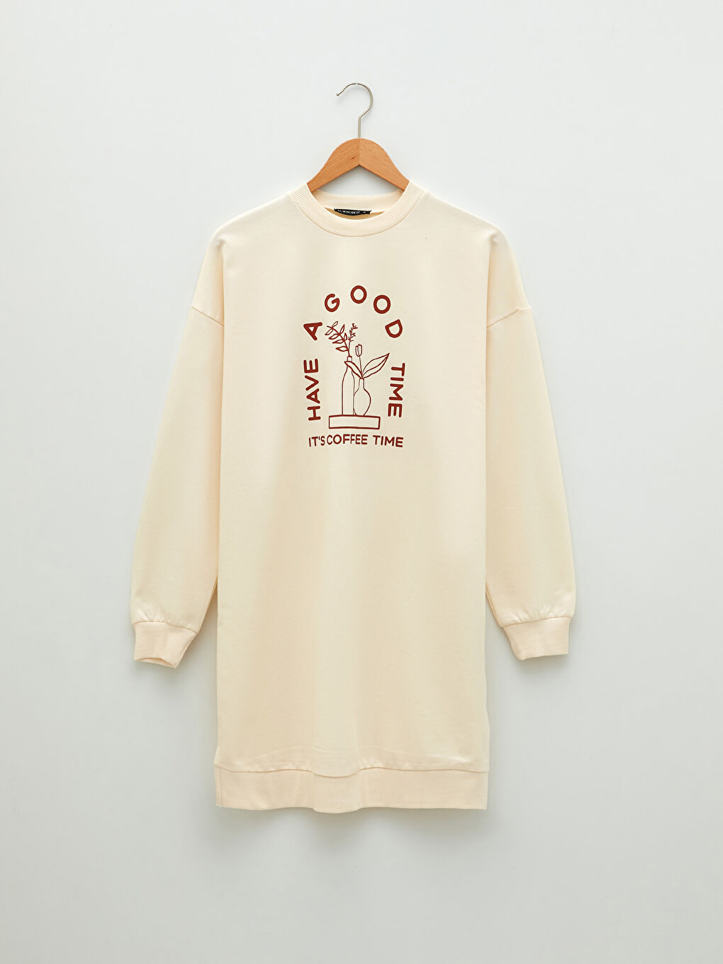 Ekru Bisiklet Yaka Baskılı Uzun Kollu Oversize Kadın Sweatshirt Tunik-5