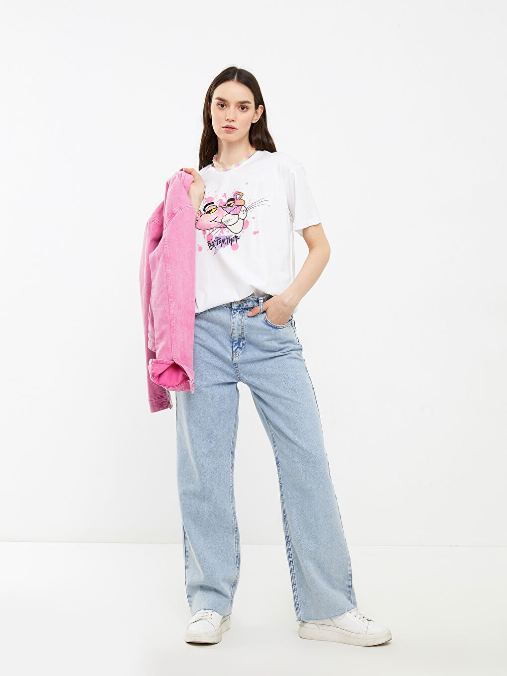 Crew Neck Pink Panther Printed Short Sleeve Cotton Women's T-Shirt