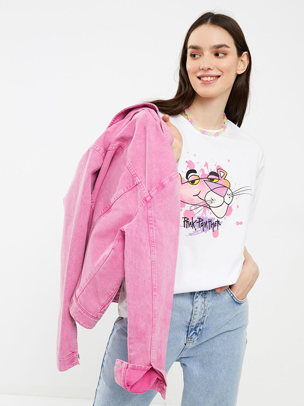 Crew Neck Pink Panther Printed Short Sleeve Cotton Women's T-Shirt-1