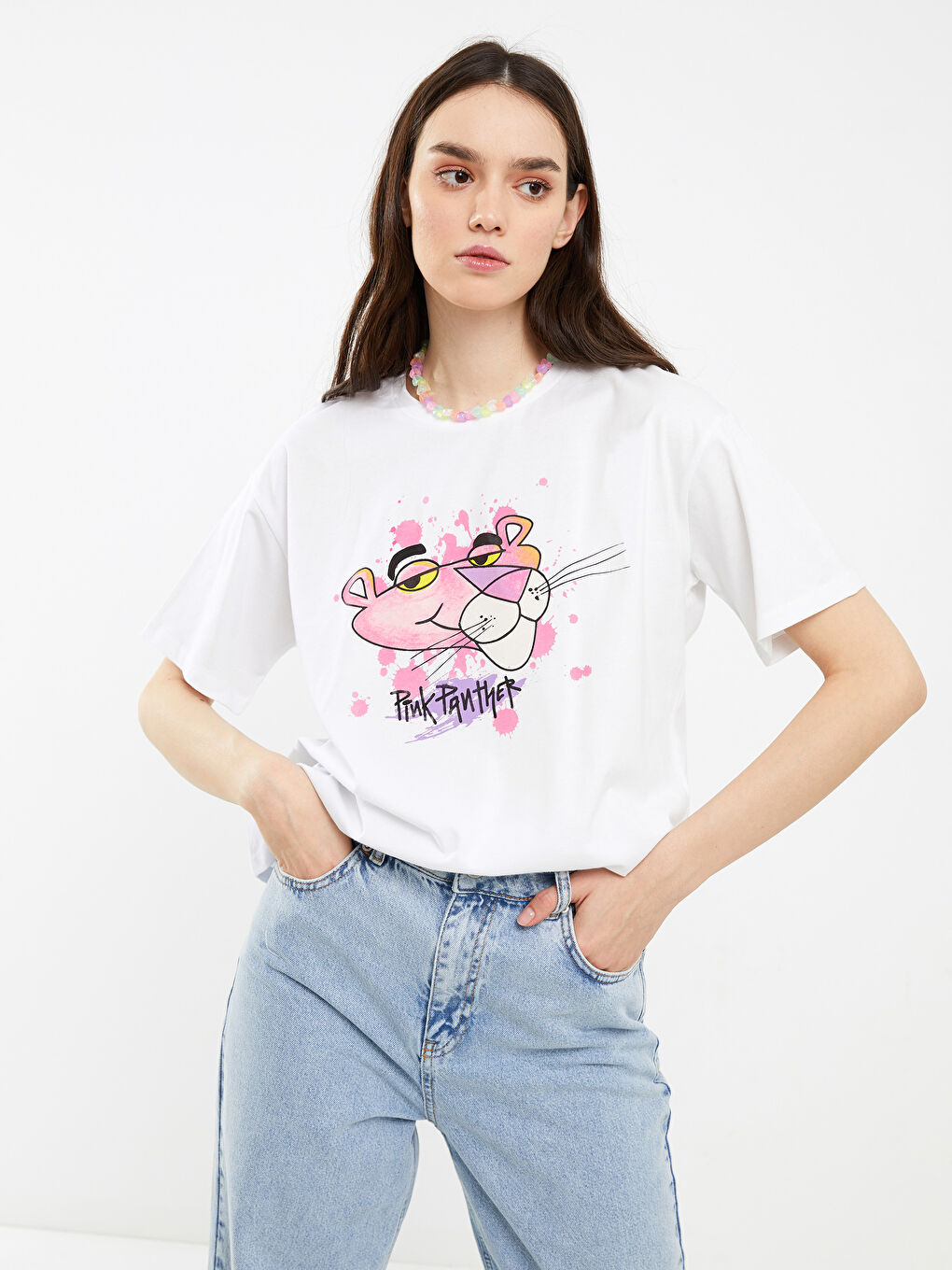 Crew Neck Pink Panther Printed Short Sleeve Cotton Women's T-Shirt-2