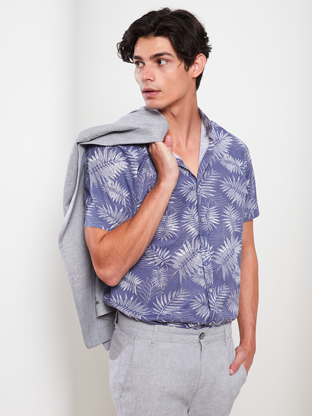 İndigo Slim Fit Kısa Kollu Desenli Poplin Erkek Gömlek-1