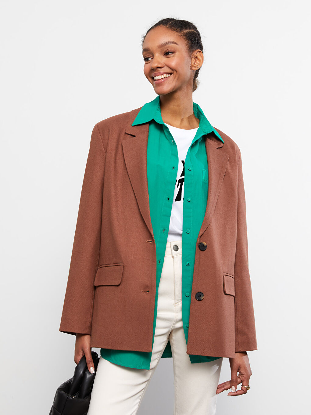 جاكيت للسيدات بأزرار كم طويل قماش جبردين عادي-1