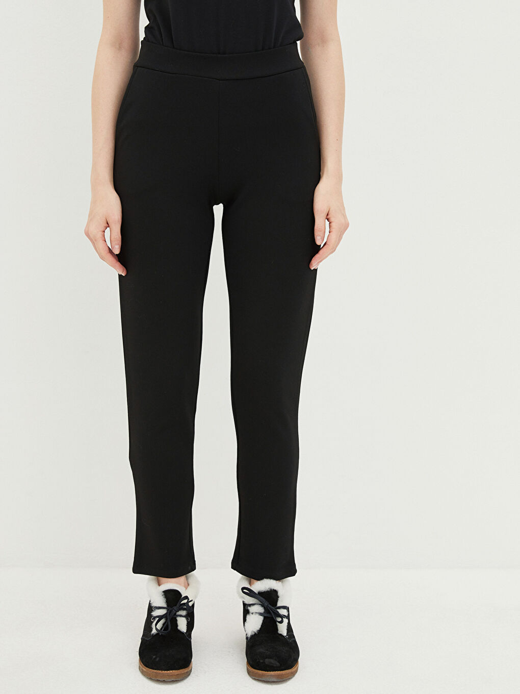 Siyah Kadın Beli Lastikli Düz Tayt-2