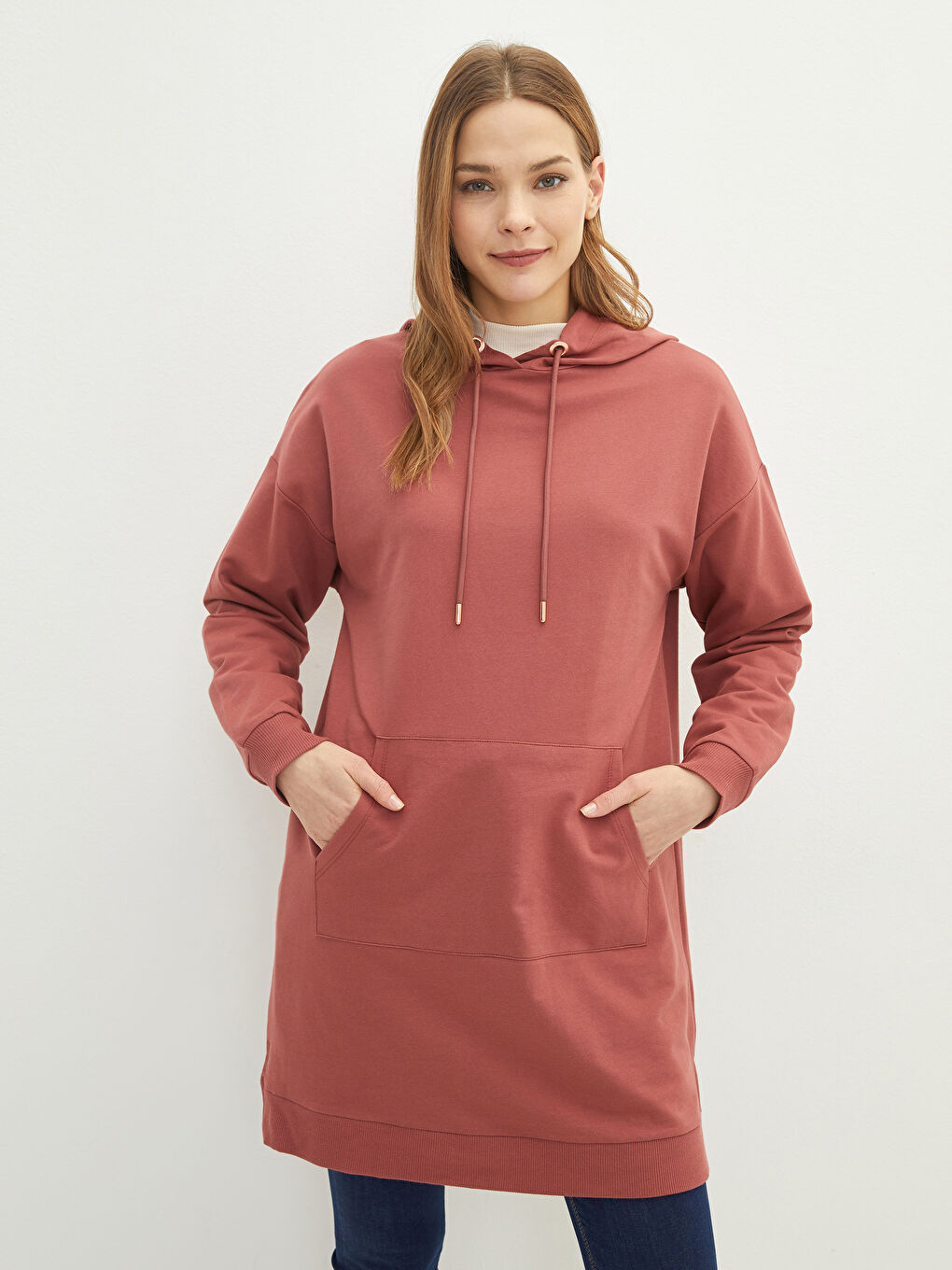 Hooded Plain Long Sleeve Oversize Women's Sweatshirt Tunic-1